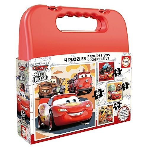 Educa - Maleta Cars | Set de 4 Puzzles Infantiles progresivos de 12 a 25 Piezas. Medida aproximada una Vez montado: 16 x 16 cm. Compuesto por Grandes Piezas Perfectamente acabadas. +3 años (19677) - Chollo en Juguetes y juegos