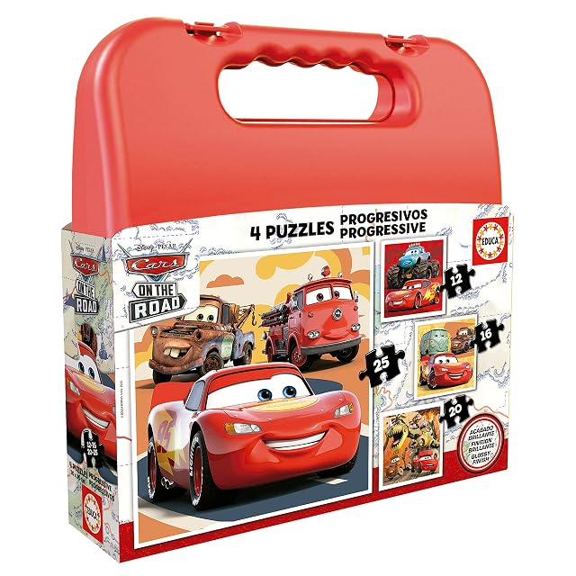 Educa - Maleta Cars | Set de 4 Puzzles Infantiles progresivos de 12 a 25 Piezas. Medida aproximada una Vez montado: 16 x 16 cm. Compuesto por Grandes Piezas Perfectamente acabadas. +3 años (19677)