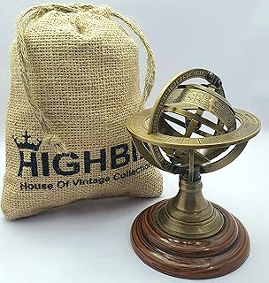 HIGHBIX - Sfera nautica armillare da tavolo in ottone inciso, 13 cm, decorazione nautica antica con sacchetto di iuta classico