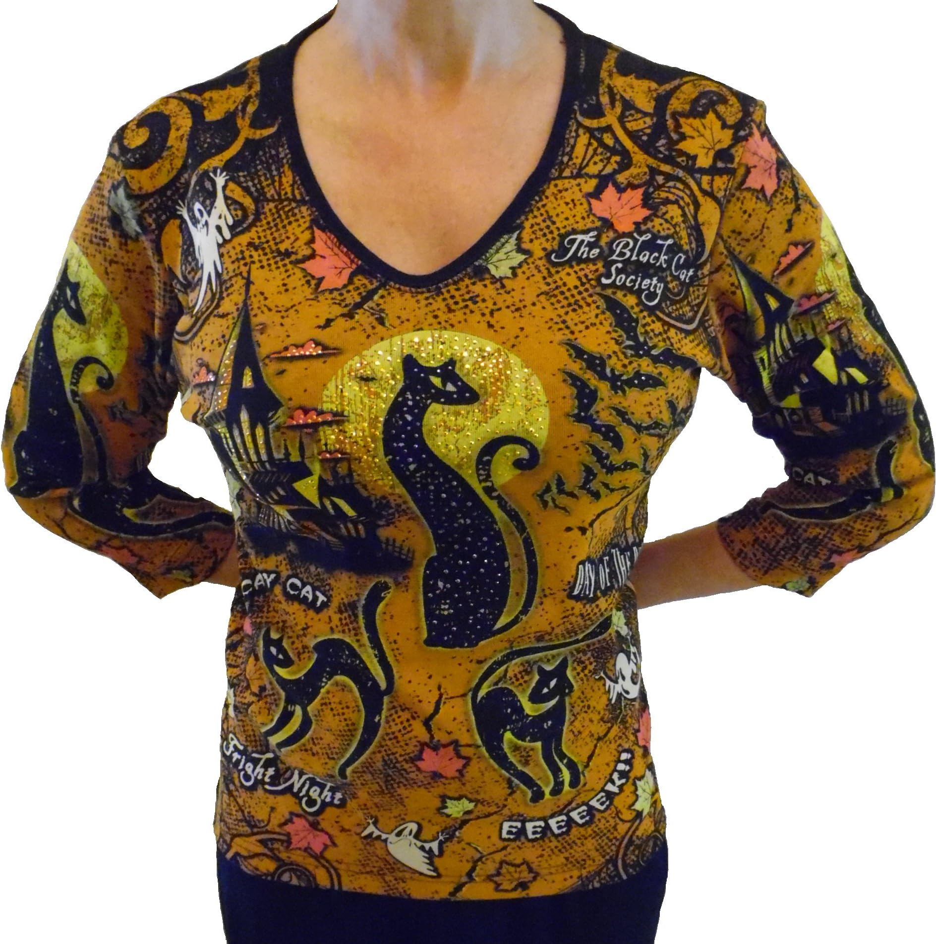 Clothing Women's Black Cat Society 3/4 Sleeve Shirt Orange