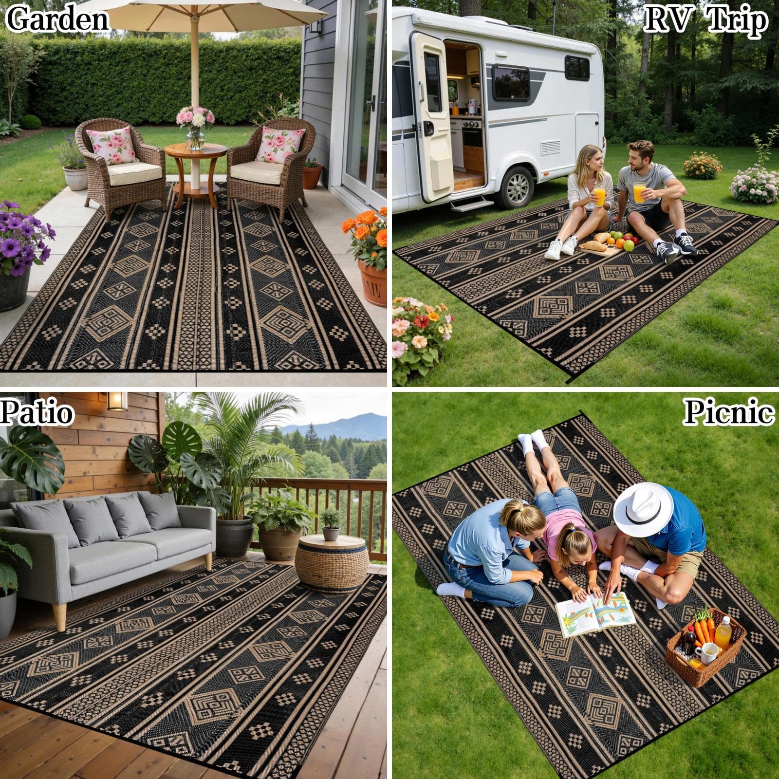SHACOS Tapis extérieur réversible imperméable, résistant UV, pliable, balcon, terrasse, camping, plage, 180x270 cm, noir