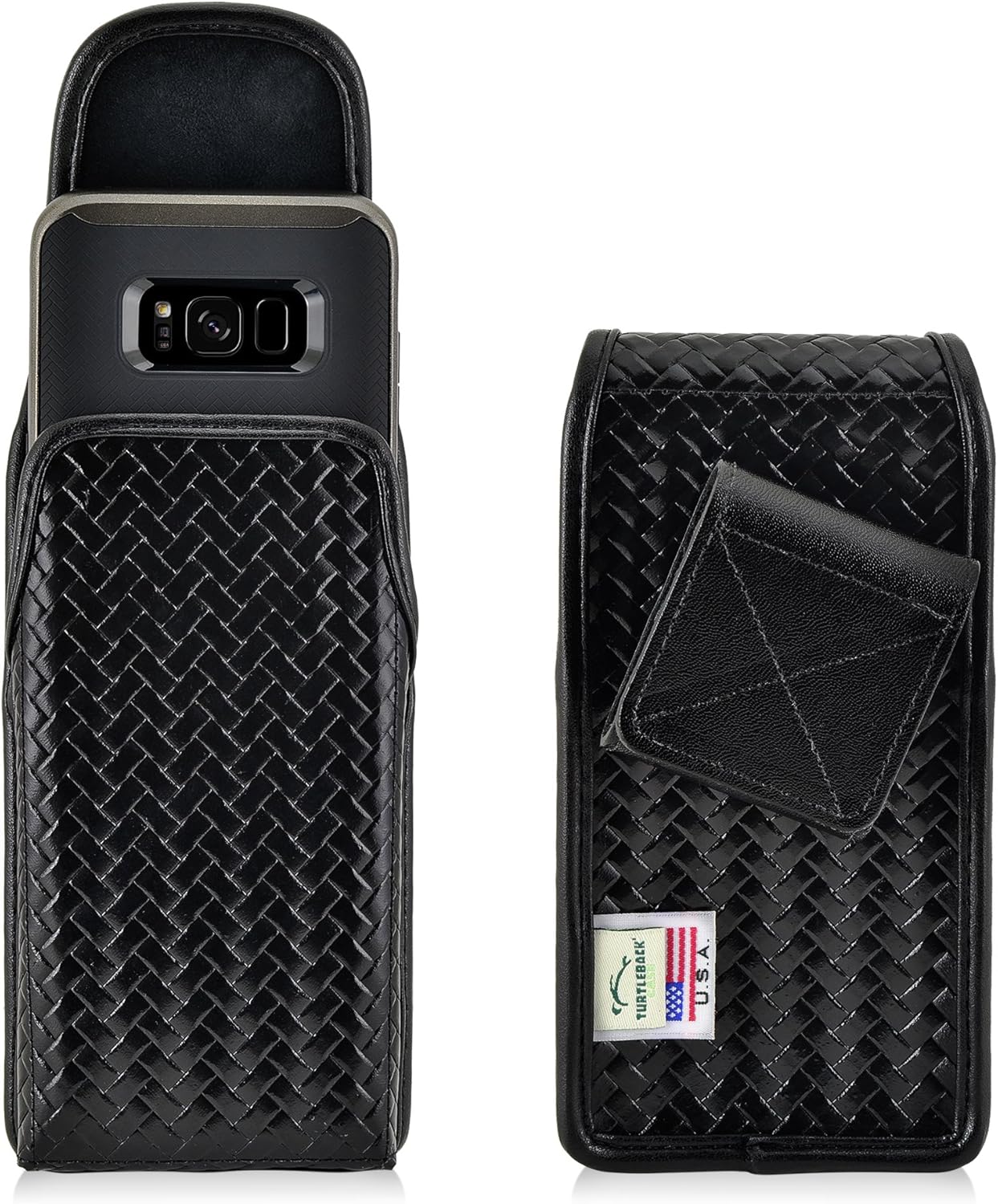 Turtleback Belt Case Holster Made for Samsung Galaxy S8 & S9 Black Basketweave Leather Police Pouch Duty Belt with Heavy Duty Rotating Belt Clip, Horizontal (Magnetic Closure)