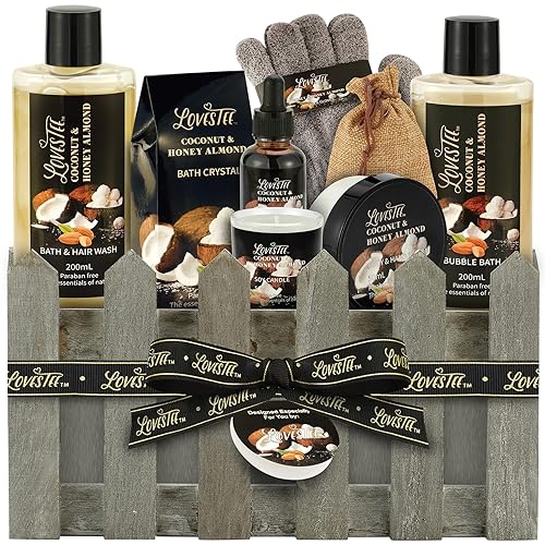 Juego de regalo de baño de 9 piezas para el día de San Valentín para mujer, juego de regalo de spa de almendras de coco y miel con baño de burbujas,