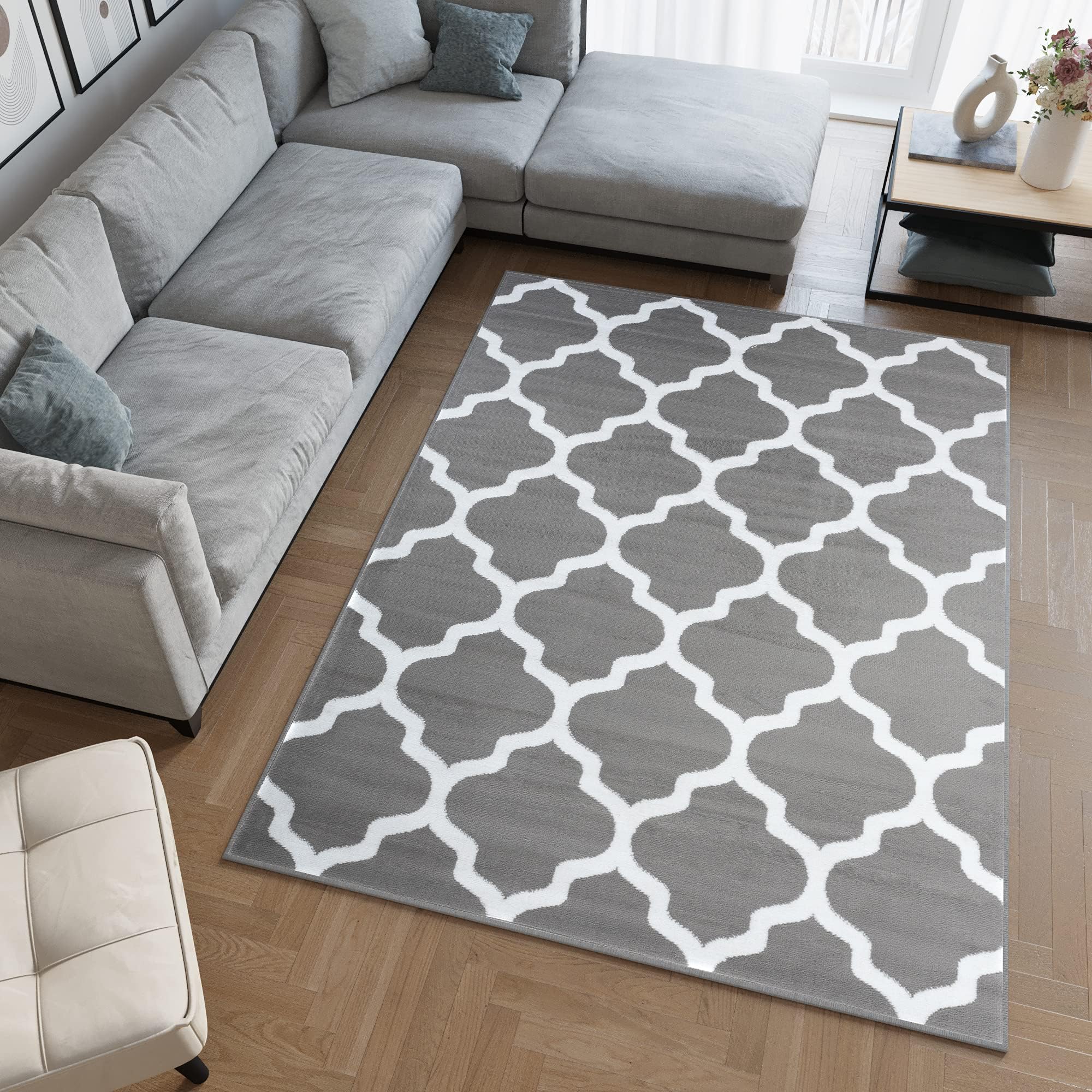 TAPISOLuxury Area Rug Living Room Bedroom Modern Trellis Pattern Light Grey White Short Pile Durable Carpet Size - 80 x 150 cm (2ft7 x 4ft11)OEKO-TEX STANDARD 100