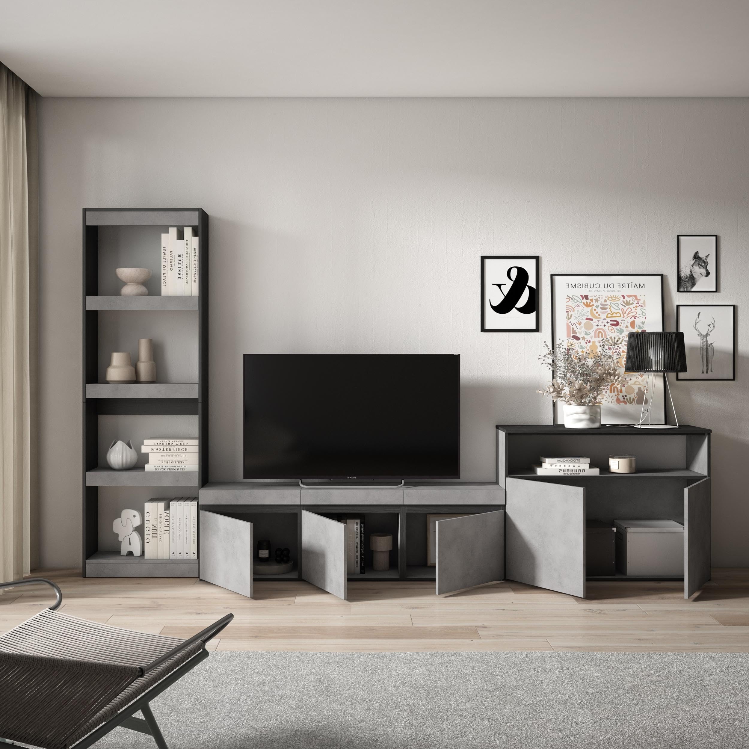 Skraut Home | Mobile Soggiorno TV | Parete Attrezzata Soggiorno | 310x186x35cm | Per TV fino a 65" | Set di mobili | Stile moderno | Cemento