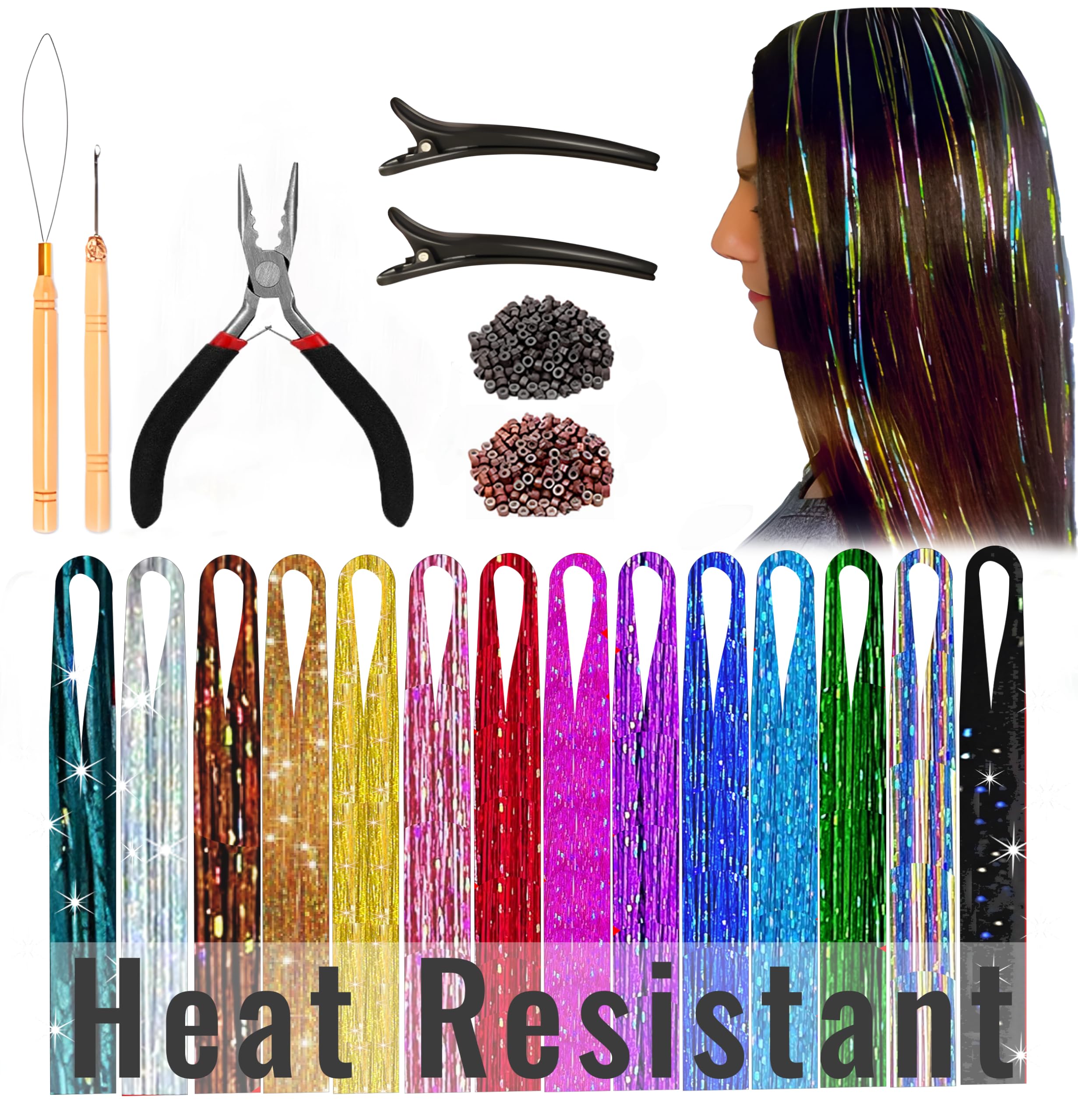 Andou | 14 Colors | Up To 6800 Strands | Heat Resistant Hair Tinsel Kit For Girls, Women & Kids | 48 Inch | One Wooden Threader & Crochet | One Plier | Two Hair Clips | Two Hundred Beads