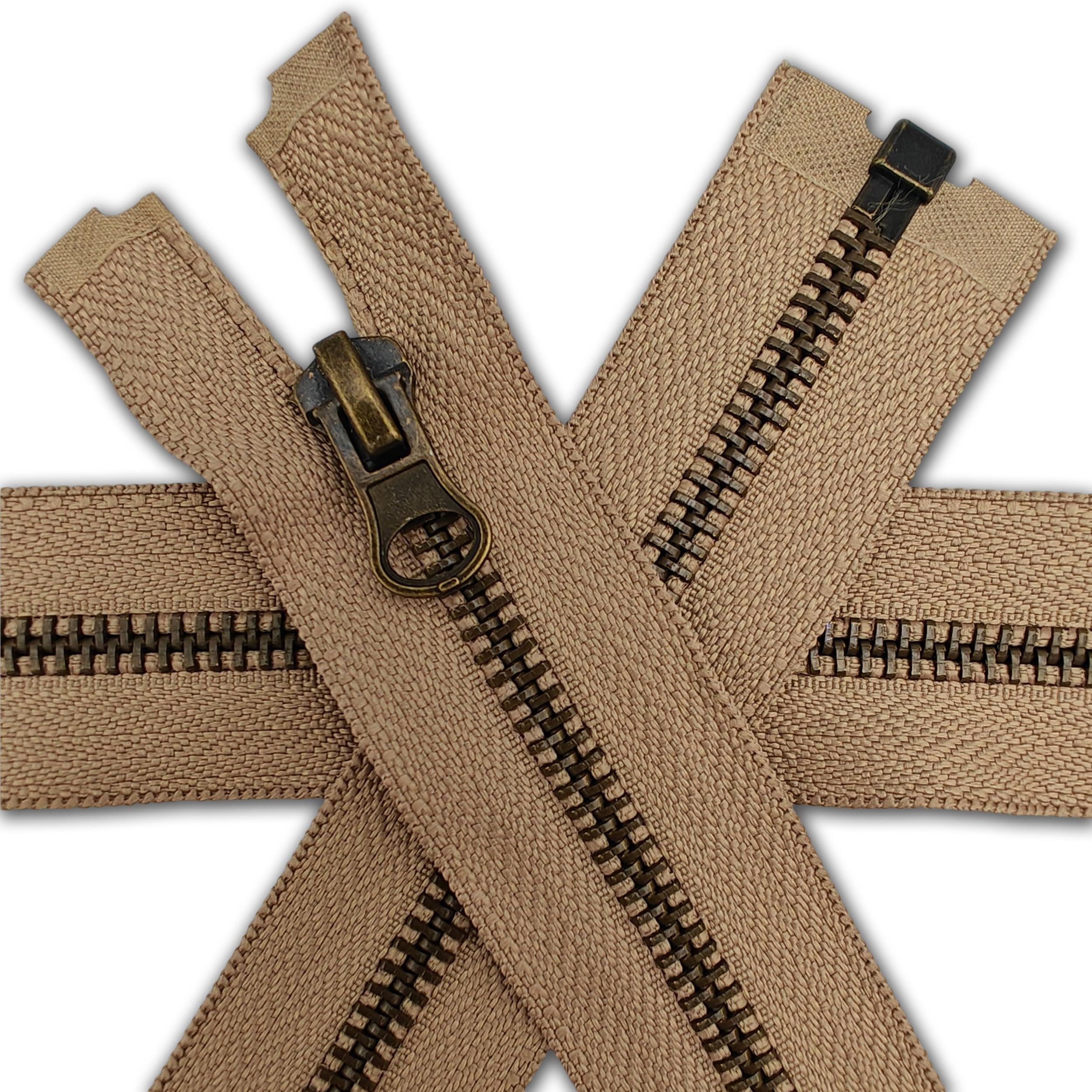 Zips & Bobs Beige 1Pc Antique Brass Zip 40Cm (15.7'') Open-End Fastener For Jackets Fleeces Heavy Duty Zipper With Metal Teeth Size #5 Single Puller (Beige)