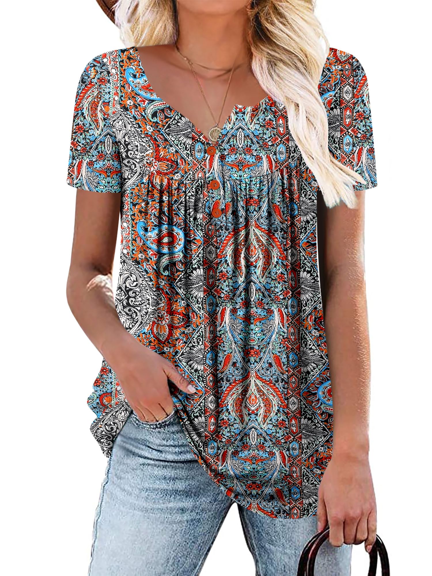KISSMODA Ladies Pleated Tunic Tops for Women Buttons up Long Sleeve Shirts Floral Print — view 8