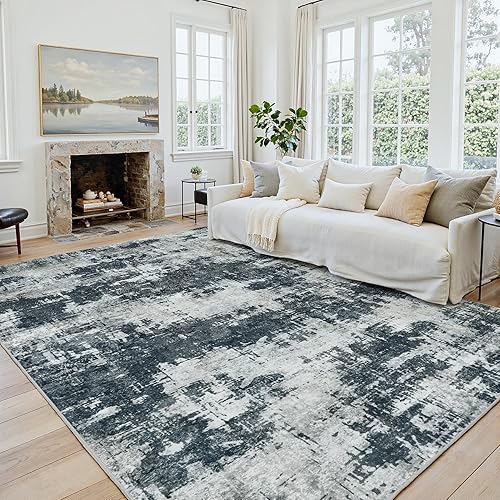 Area Rug 8x10 Living Room Rug Washable: No-Slip Abstract Soft Thin Large Black Rugs, Indoor Floor Stain Resistant Modern Carpet for Bedroom Dining Room Farmhouse Nursery Home Office (Black, 8'x10')