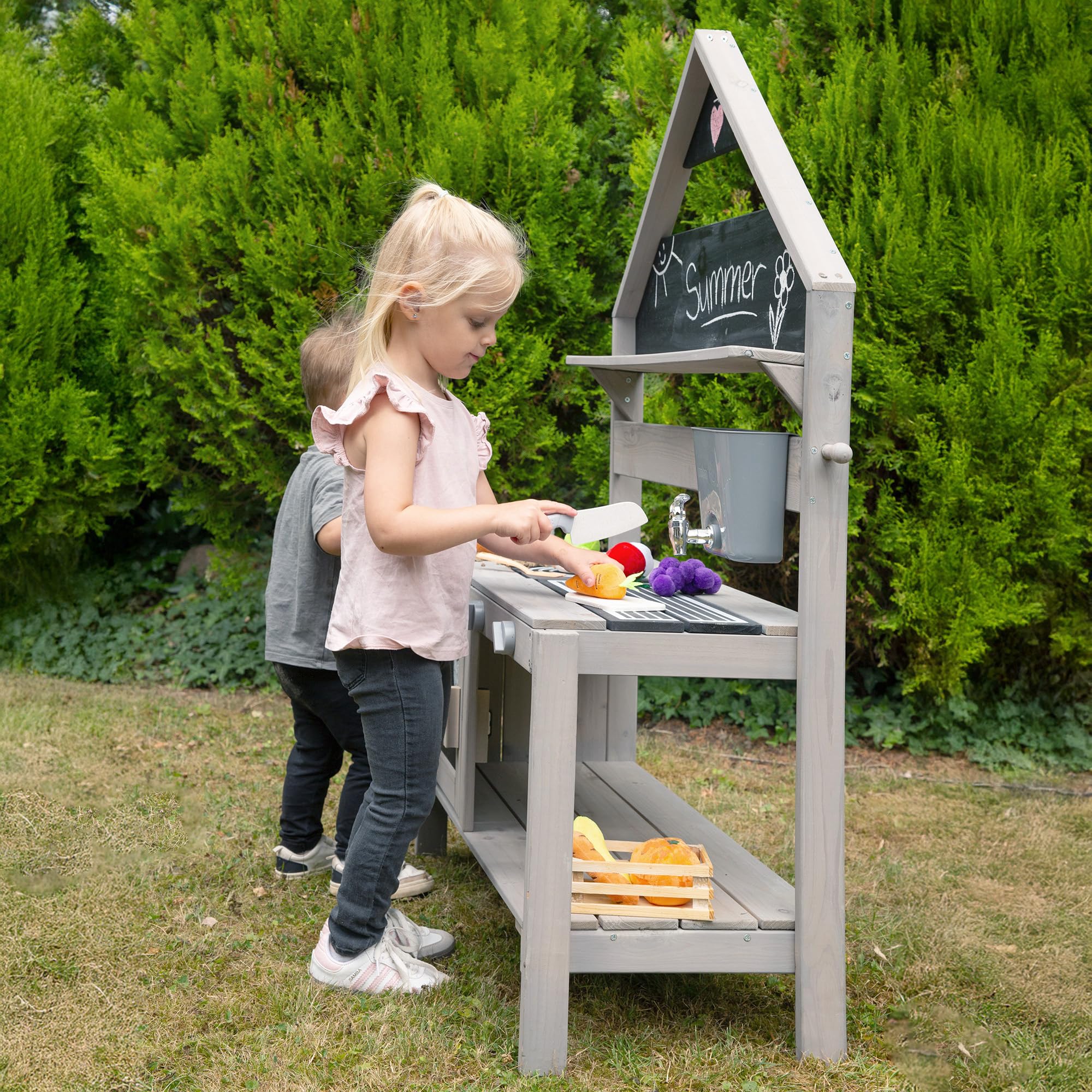 roba Cocina para Niños con Diseño de Casa - Cocinita de Juego Funcional para Exteriores con Accesorios - Madera Maciza Certificada FSC - Gris Esmaltado