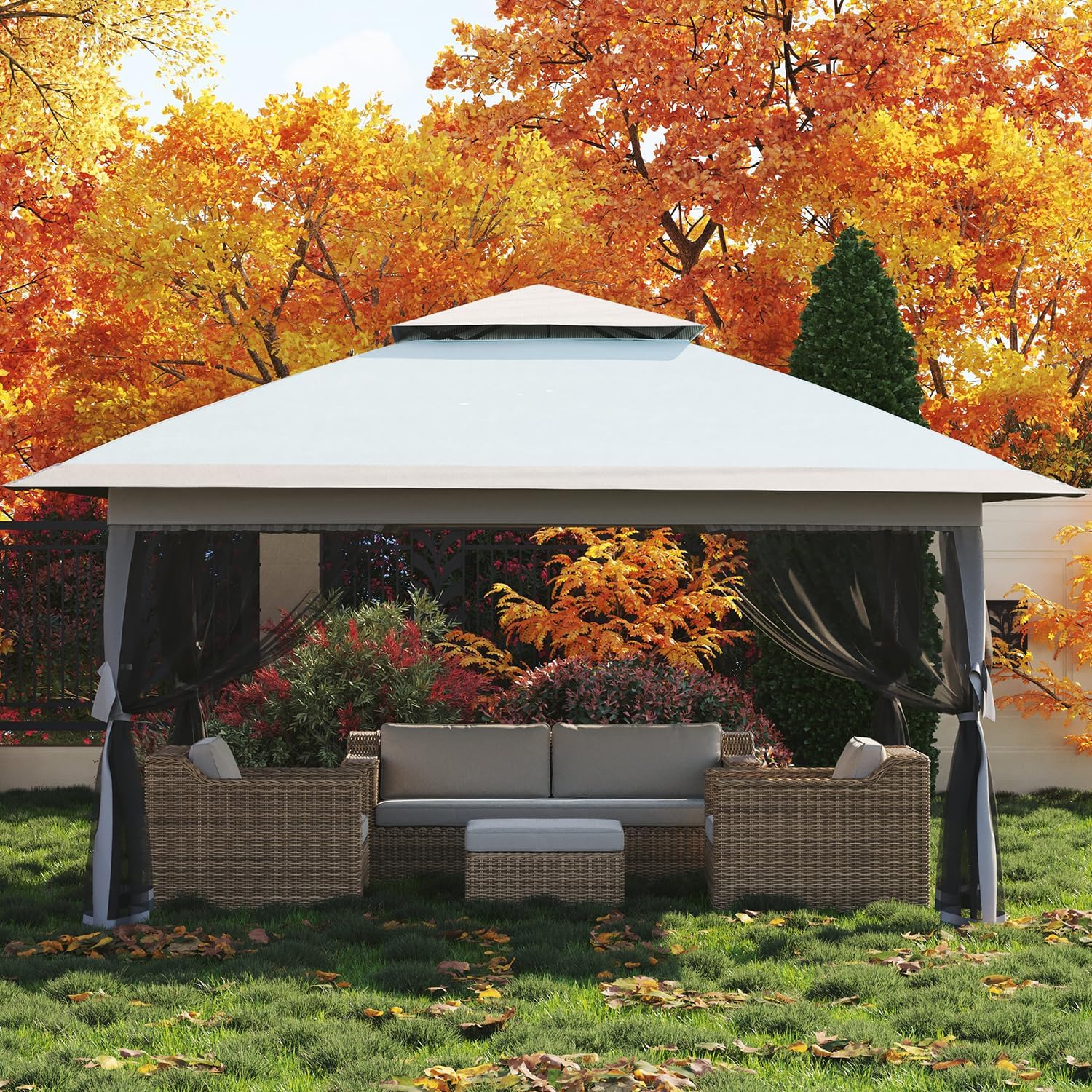 Garvee Carpa Plegable con Mosquitera Cenador de Jardín Impermeable con Cierre Central de Un Botón para Terraza Camping y Eventos al Aire Libre, 4 Sacos de Arena, 366x366 cm, Azul Claro y Gris