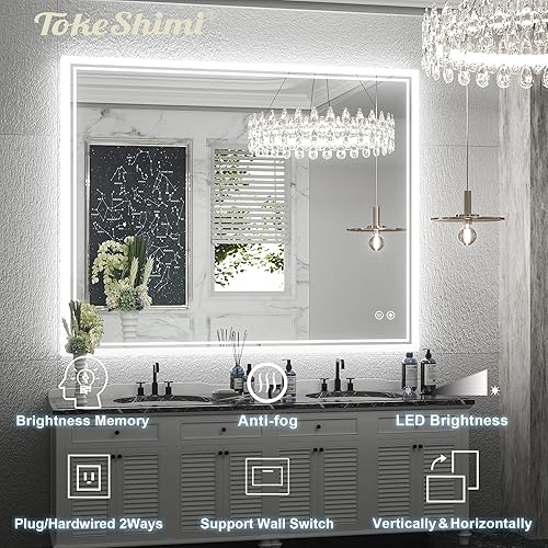 Miniatura 8 de TokeShimi Espejo LED de baño de 40 x 32 pulgadas espejo retroiluminado frontal con doble tira de luz 3 colores CRI 90 función de memoria antivaho
