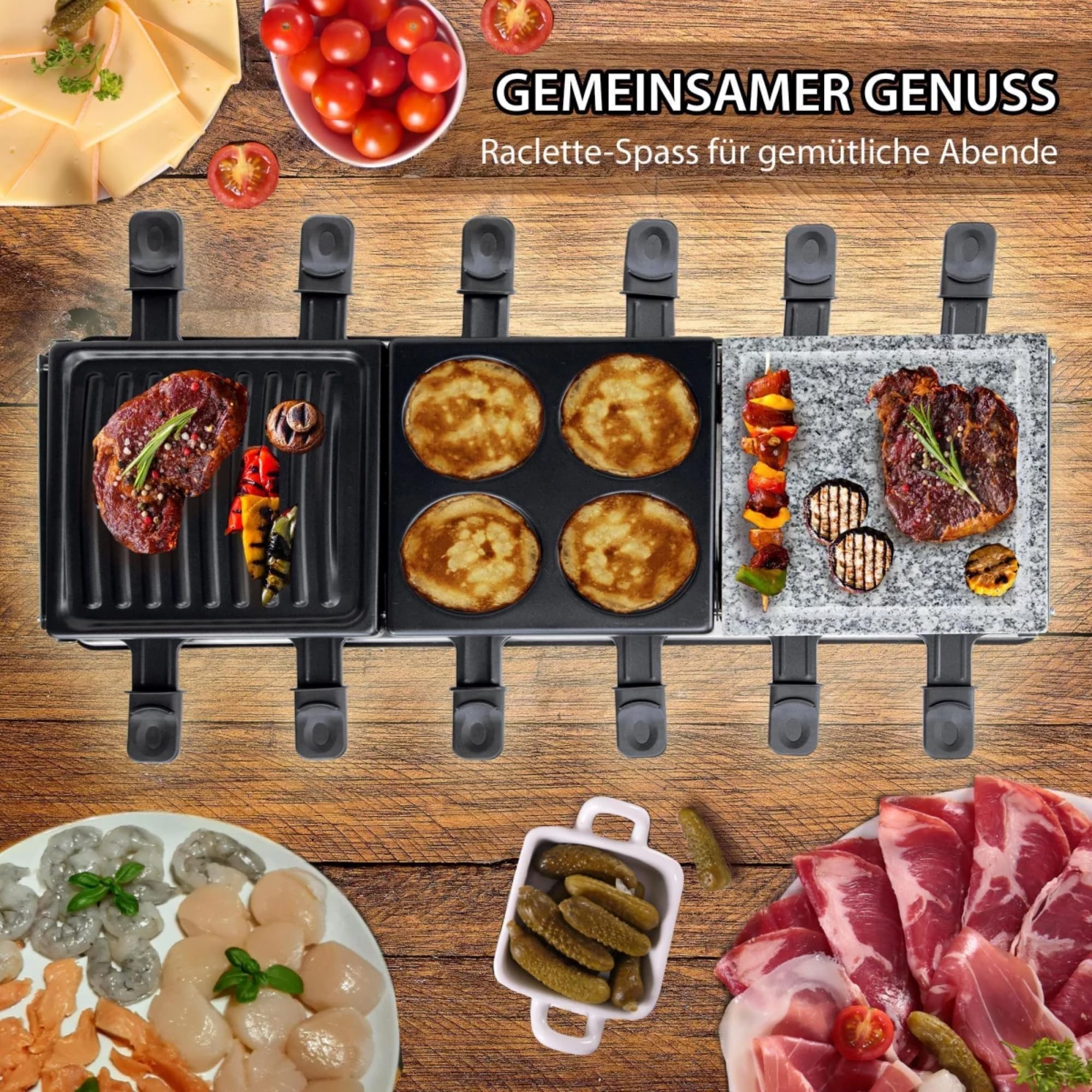 Syntrox Germany Raclette-Grill Oberwil mit geteilten Platten, Tischgrill, Partyraclette für 12 Personen 1350Watt, Raclette Zubehör, Multifunktional und Kompakt, 6 Kg, Party Zubehör