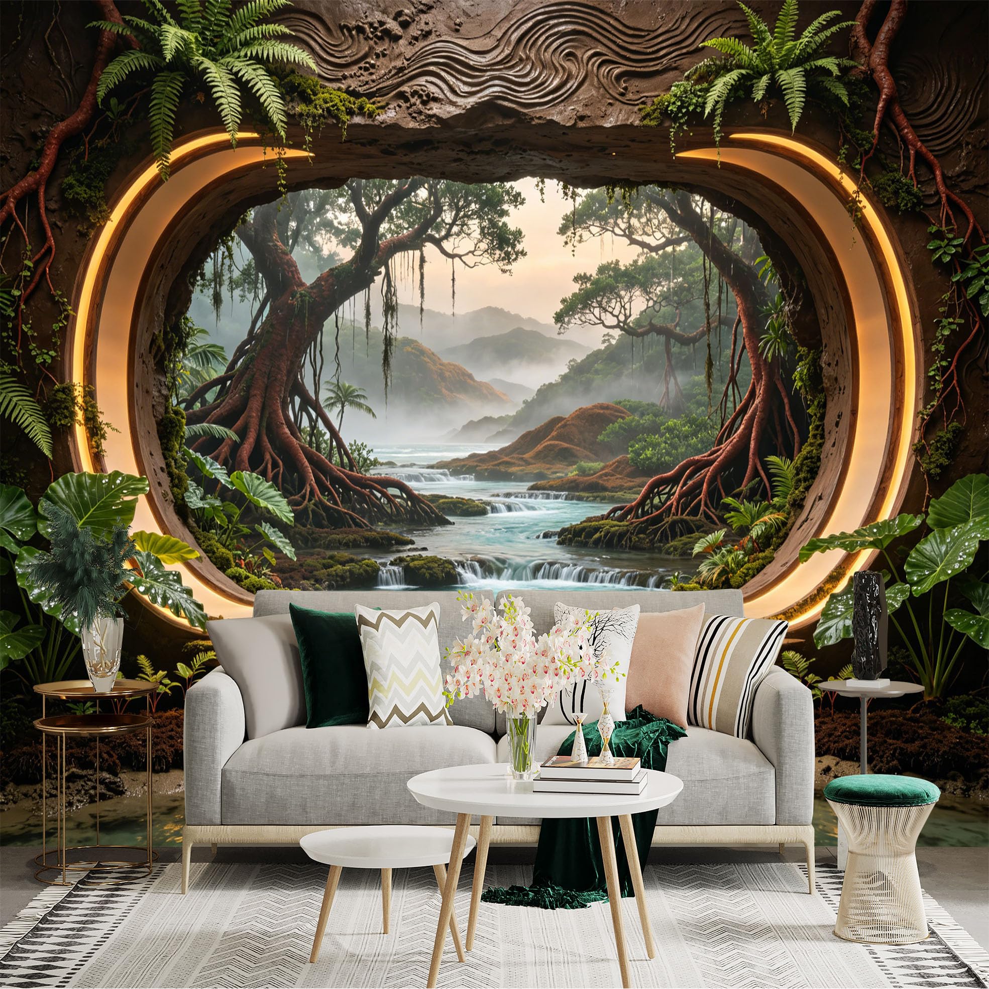Custom Size Wall Sticker Mural， Tropical Forest with Waterfall， Wooden Bridge and Misty Mountains， for wall Decoration， peelandstick wall Decals.