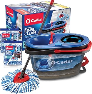 O-Cedar RinseClean Spin Mop & Bucket System + 2 Extra Microfiber Heads - Dual Chamber Clean/Dirty Water Separation, Kills 99% Bacteria with Water