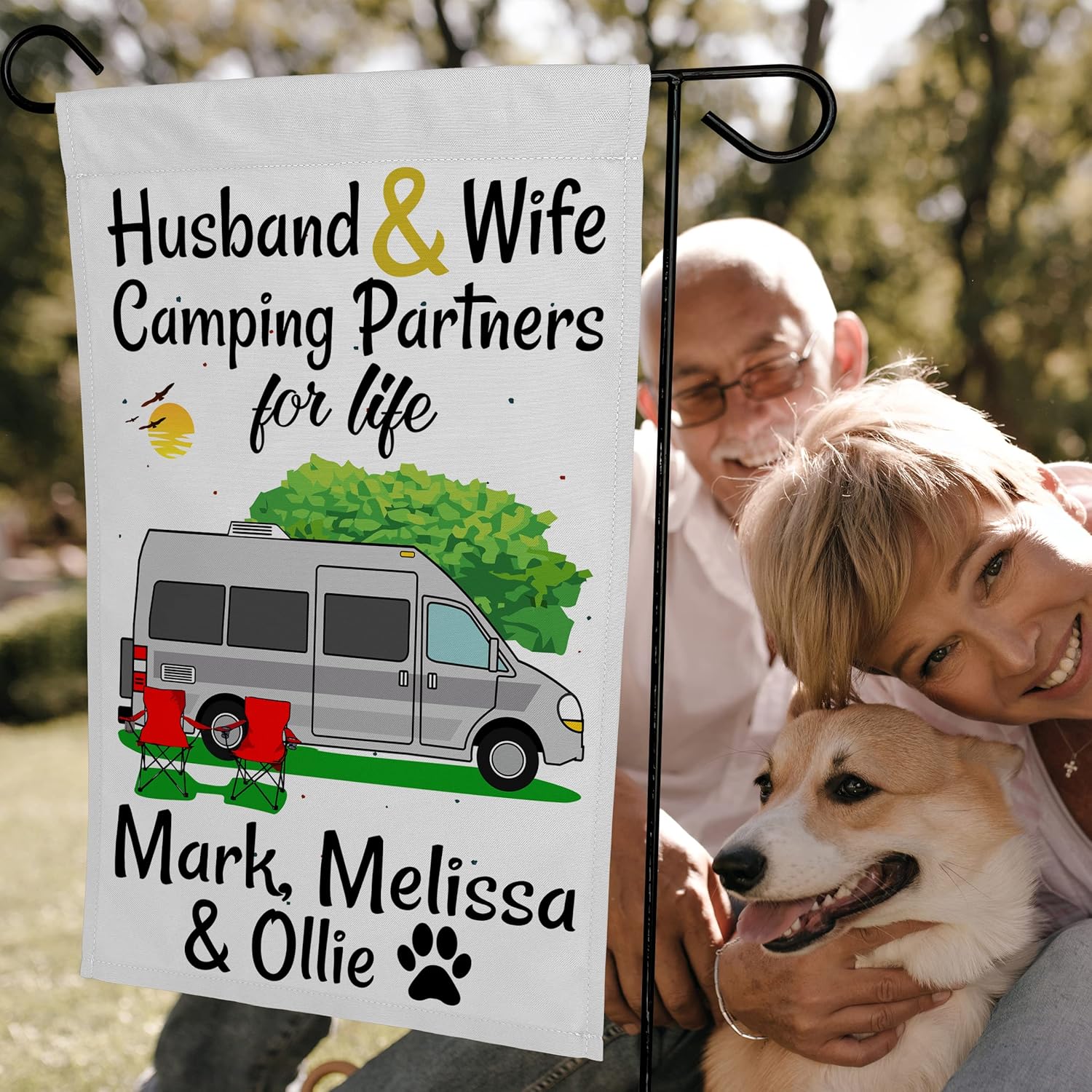 Husband & Wife Camping Partners for Life, Personalized Class B Motorhome Camping Flag, Campsite Sign, White Fabric (Light Gray)