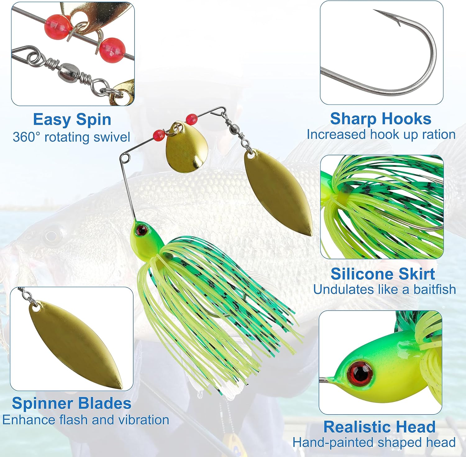 Bass Fishing Lures Spinnerbaits Kit, Hard Metal Spinner Baits Buzzbait Swimbait Jigs Hook Fishing Lures for Bass Pike Trout Salmon