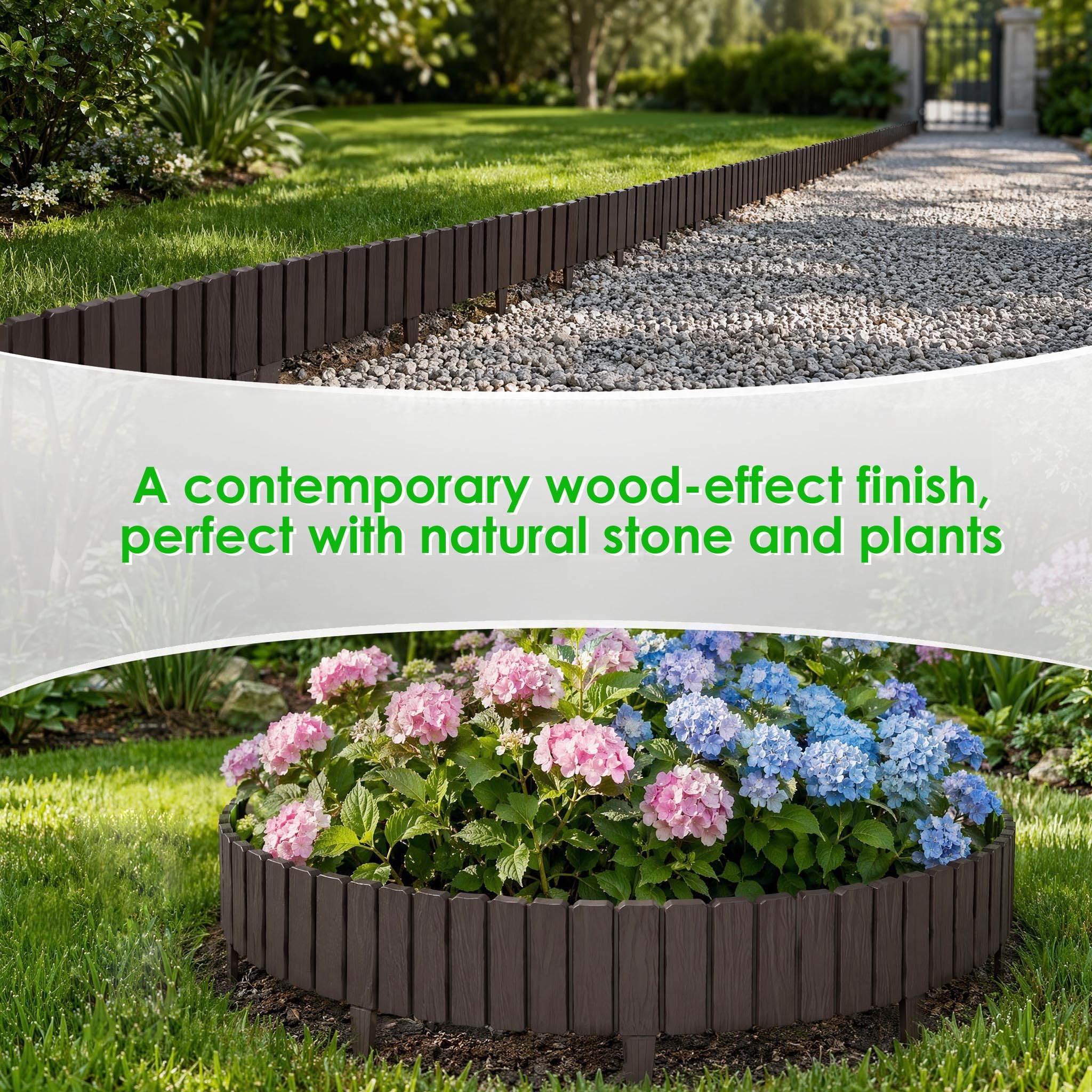 Lot de 12 bordure per prati in plastica - 57 x 23 cm - Bordura per aiuole da giardino con picco da 10,5 cm - Aspetto legno - Protezione contro le radici - Nastro per bordura del prato in