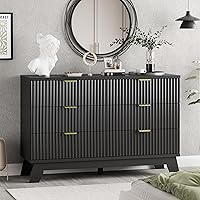 Vista 17 de Cómoda acanalada para dormitorio con 6 cajones, cajonera moderna de 46 pulgadas de alto con mango de metal, soporte de TV de cómoda de madera