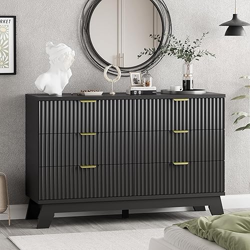 Miniatura 16 de Cómoda acanalada para dormitorio con 6 cajones, cajonera moderna de 46 pulgadas de alto con mango de metal, soporte de TV de cómoda de madera, Roble