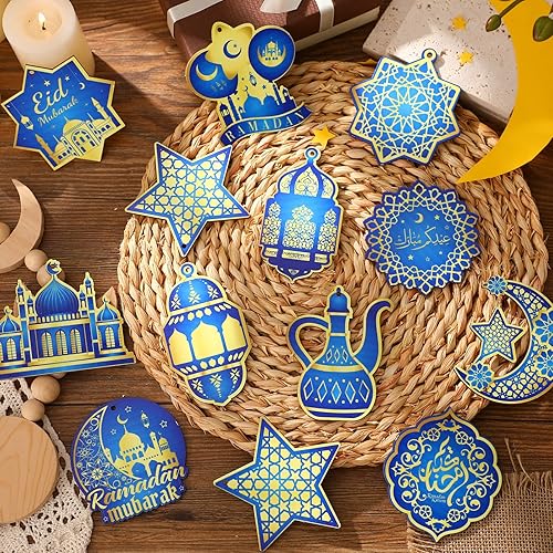 Miniatura 4 de 36 adornos de Ramadán de madera Eid Mubarak para colgar en castillo, farol de luz, estrella y luna, adornos para árbol de Navidad, decoración de