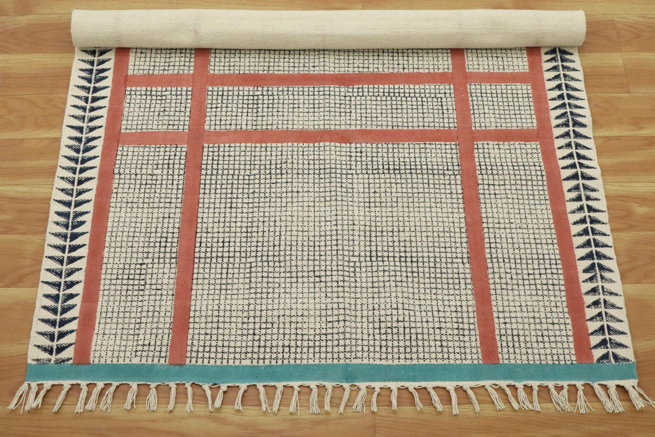 Kilim Tapis carré à rayures de 0,5 cm d'épaisseur en coton imprimé à la main pour intérieur et extérieur, cuisine, balcon, yoga, 0,5 cm d'épaisseur