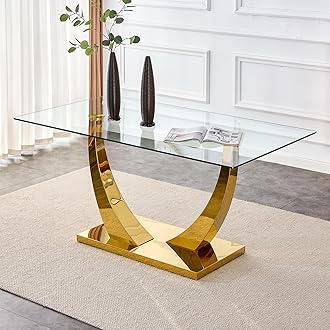 Modern Glass Dining Table for 4 6 8 with Rectangular Tempered Glass Tabletop and Golden Plating Metal Special-Shaped Pedestal for Kitchen Dining Living Meeting Room Banquet Hall (Gold4)