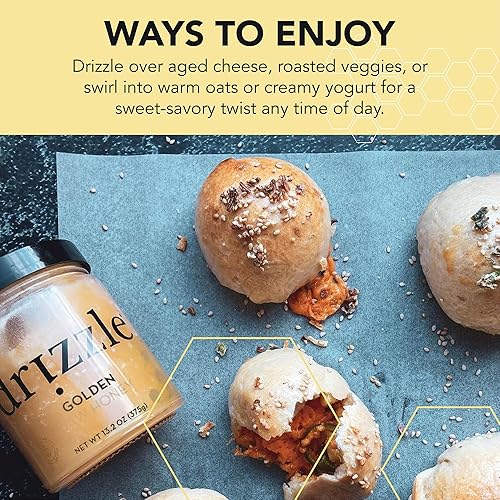 Miniatura 5 de Drizzle Golden Raw Honey - Sin filtrar y sin procesar, rica en nutrientes y enzimas beneficiosas, notas de diente de león, menta y caramelo, 100%