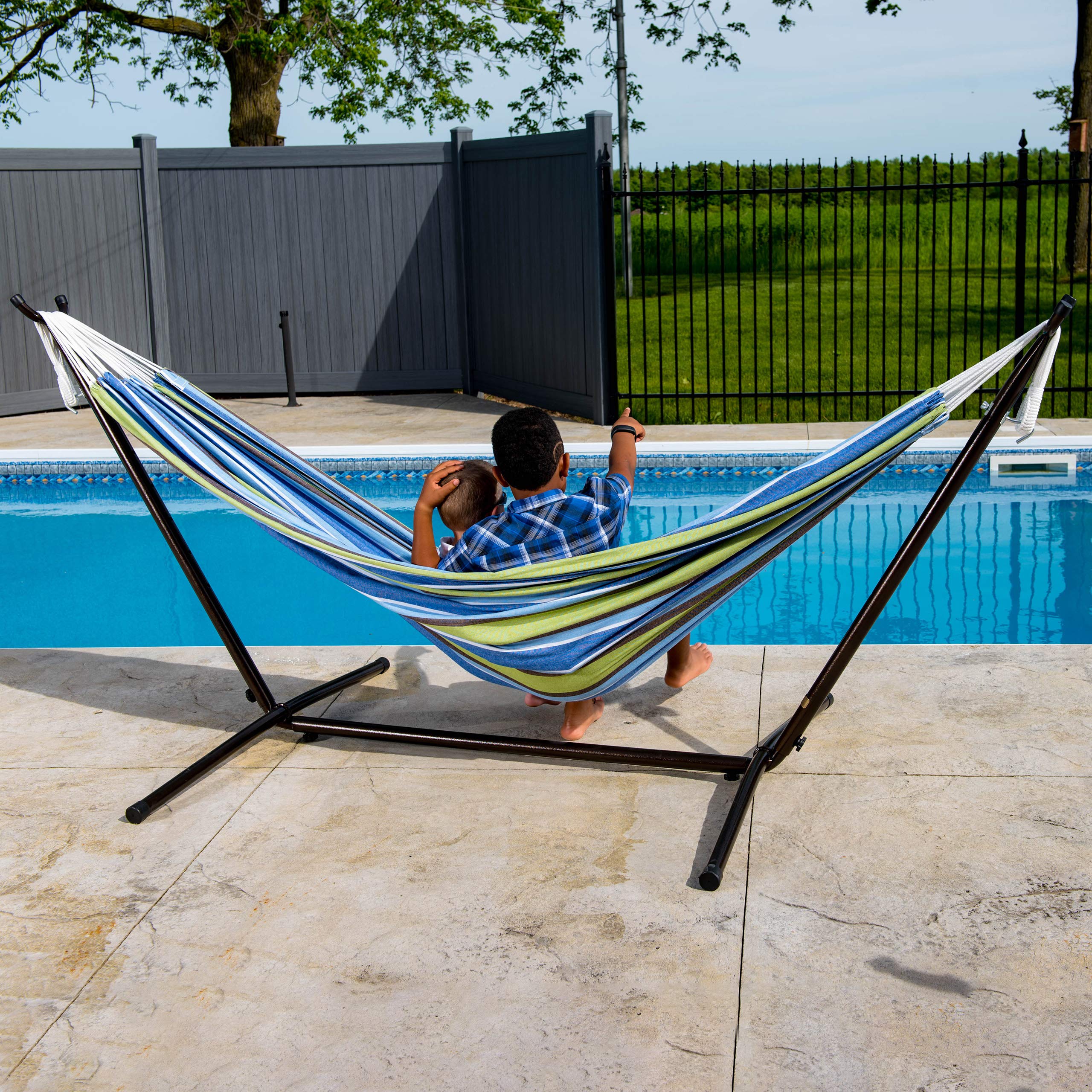 Vivere Double Cotton Hammock with Space Saving Steel Stand, Oasis (450