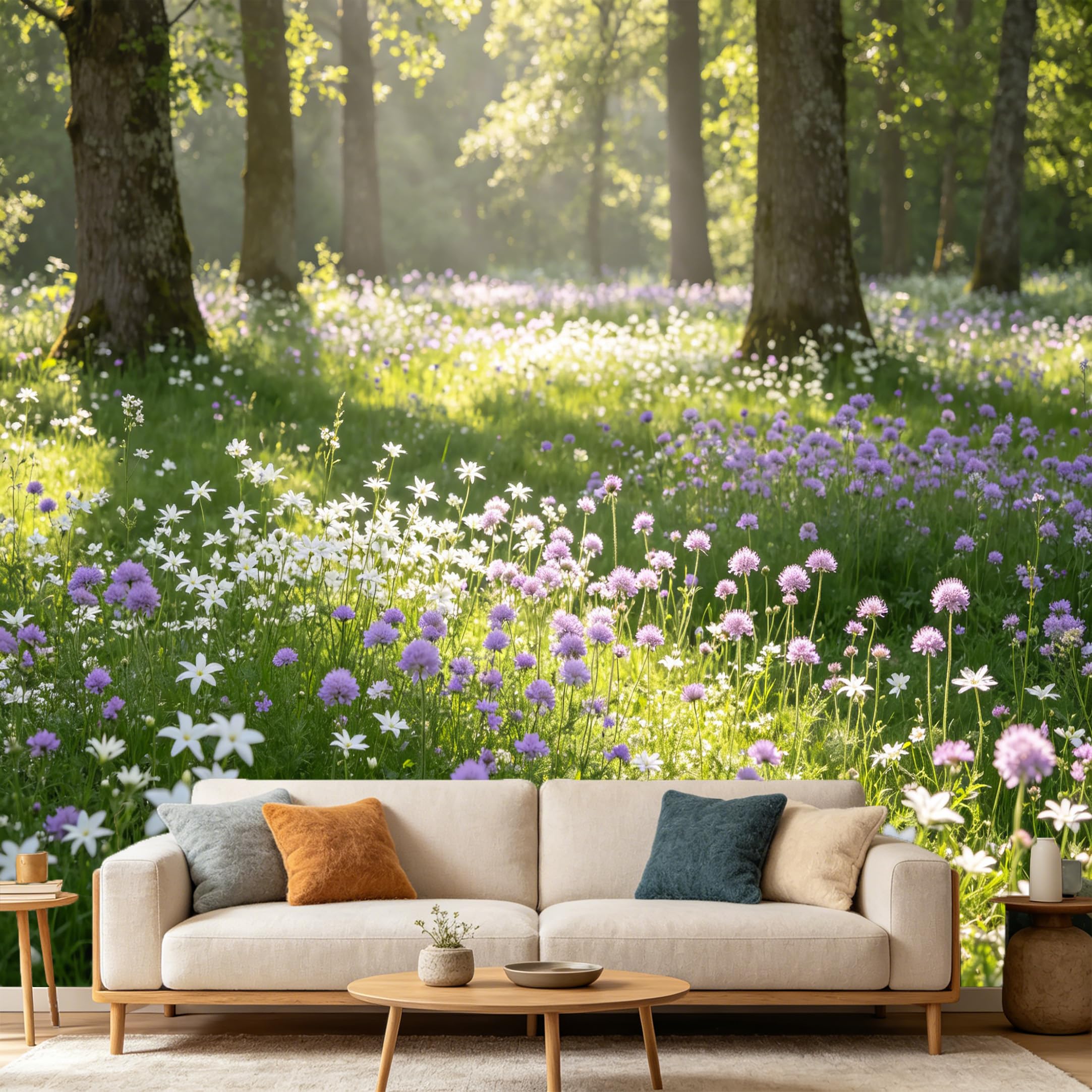 Custom Size Wall Mural Forest Sunlight Botanical Wildflowers Meadow Landscape SelfAdhesive Art Prints wall Fabric（No PVC） Removable Wallpaper Home Bedroom Decor