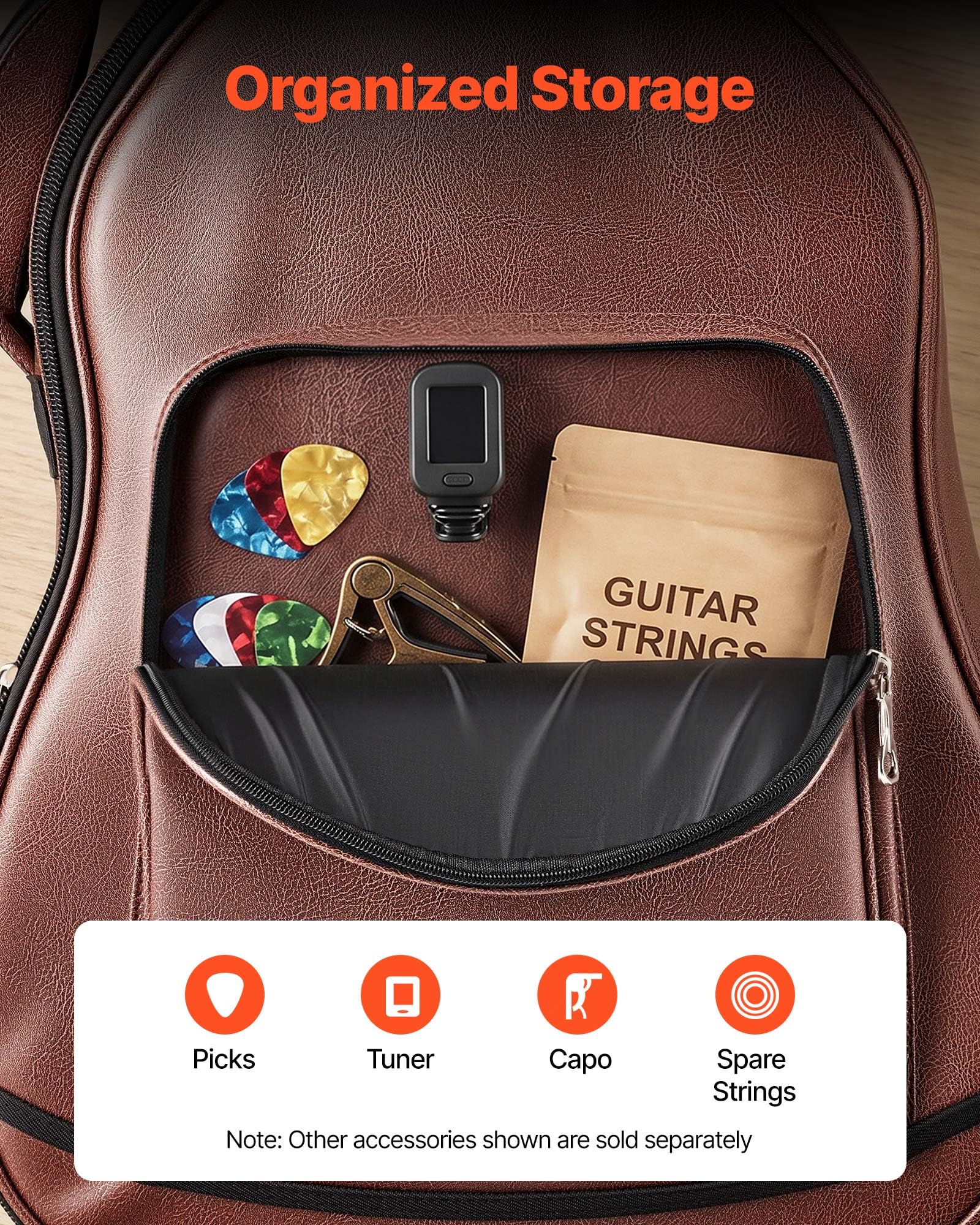 VEVOR Funda para Guitarra Acústica de 41 Pulgadas 104,1 cm Marrón con Asa, con Acolchado de Espuma, Compartimento Externo para Accesorios y Correas para Hombro, Funda de Cuero Sintético de 119,5 cm