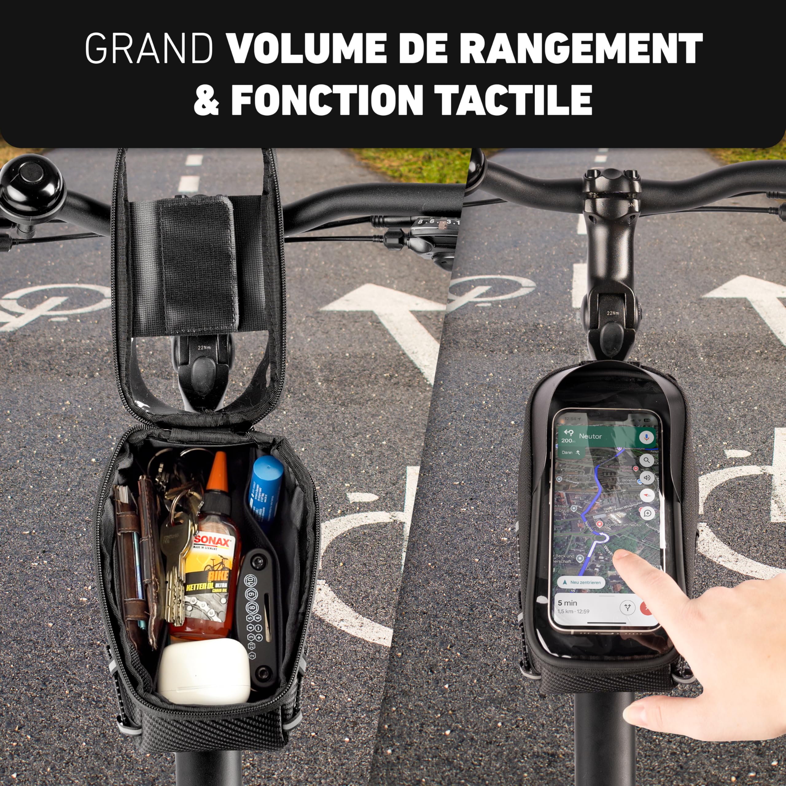 Valkental® Sacoche de Cadre vélo 1,8L [Adaptateur Rapide] Étanche pour VTT, vélo électrique & Route – Pochette Smartphone avec Film Tactile – Sac Tube supérieur Pratique