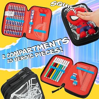 Marvel Boy's Pencil Case, Pencil Case with Compartments Filled School Supplies, Felt, Coloured Pencil, Spiderman Avengers Back to School Gift