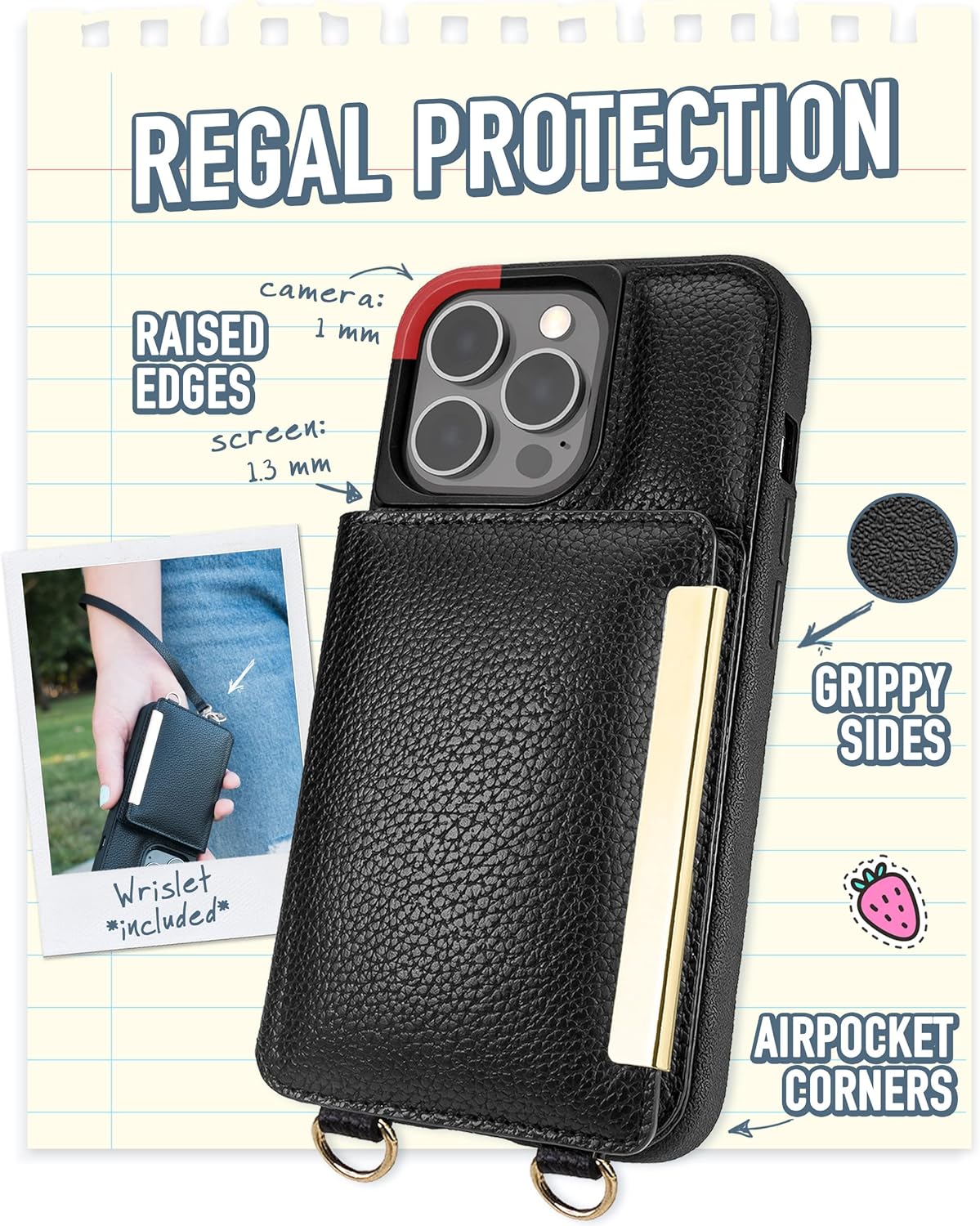 Smartish iPhone 13 Pro Crossbody Wallet Case for Women - Dancing Queen [Purse/Clutch with Detachable Strap & Wristlet] Protective Cover with Credit Card Holder - Stiletto Black-Gold