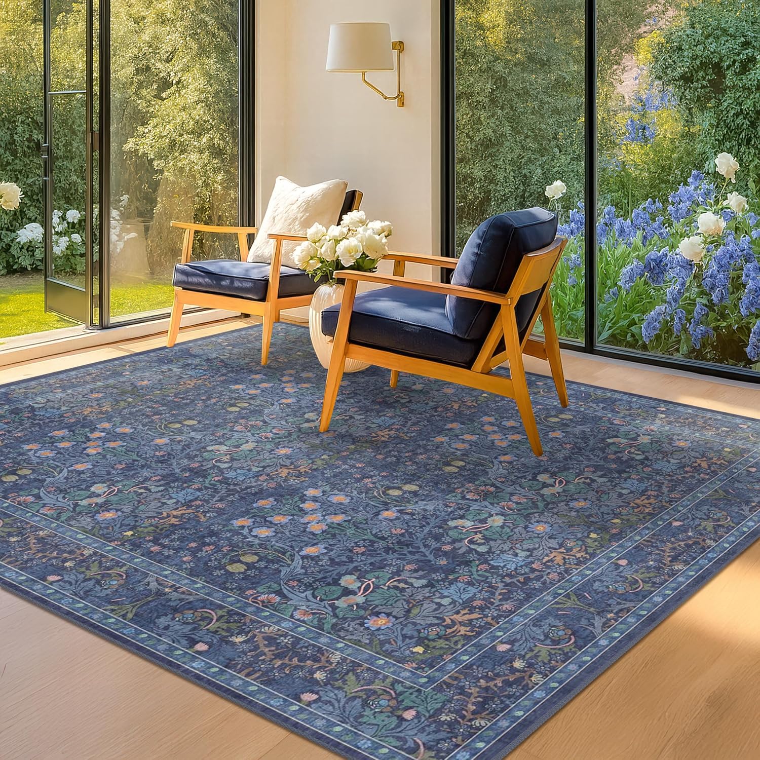 Dark Navy Blue Living Room Rug 5x7 Area Rug - Vintage Floral Forest Washable Mat for Dining Room, Bedroom, Low Pile Non Slip Stain Resistance Distressed Retro Indoor Boho Carpet