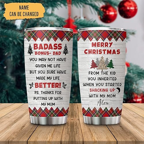 Vista 15 de Hyturtle Regalos divertidos personalizados de Navidad para padrastro de hijo e hija – Vaso de acero inoxidable de 20 onzas con nombre personalizado