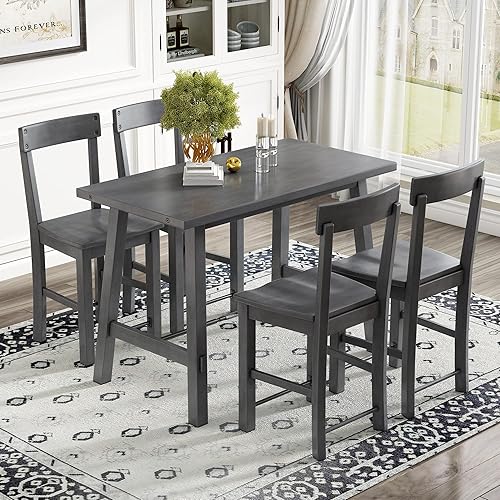 Merax Juego de habitación minimalista de 5 piezas con altura de encimera mesa de comedor de madera maciza y metal con cuatro sillas para espacios disponible en Yaxa Guatemala