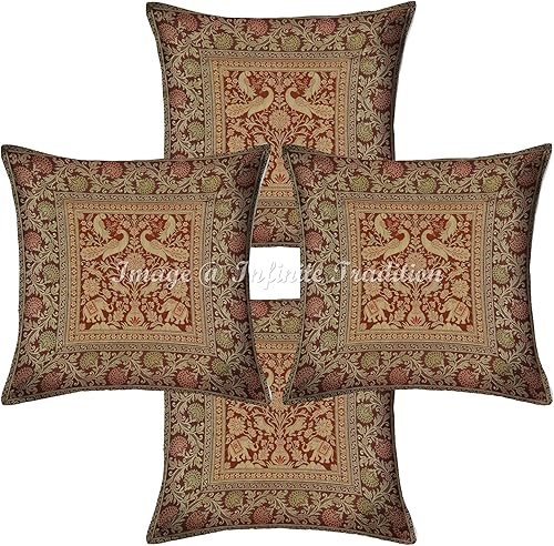Juego de 4 fundas de almohada decorativas de seda de brocado para sala de estar, 16 x 16 pulgadas, color marrón oscuro, dorado, tejido jacquard para