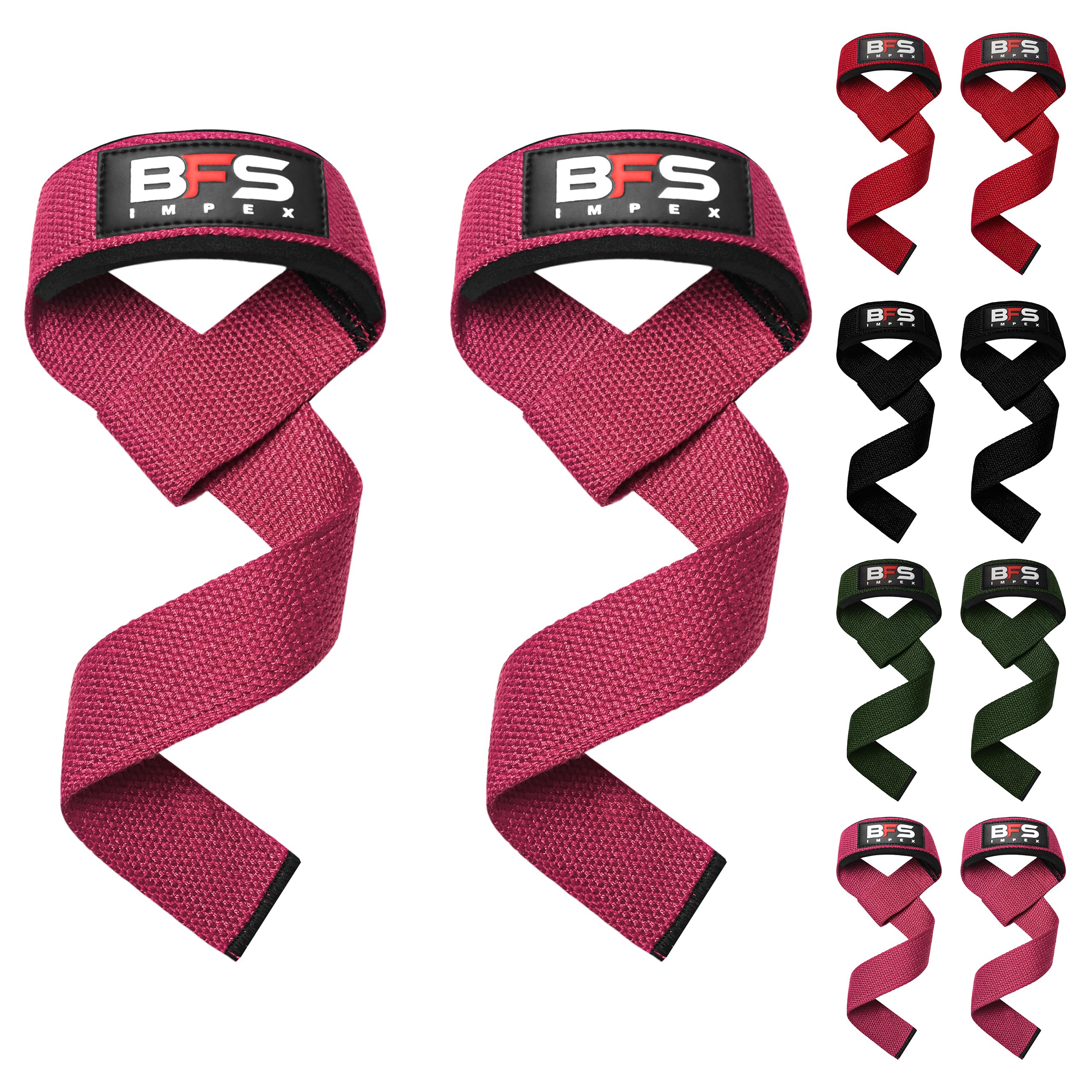 BFS IMPEX Lifting Straps for Weightlifting, Weightlifting Cotton Straps with Neoprene Padding for Men women Gym Wrist Straps for Bodybuilding powerlifting, Strength Training and Deadlifting (PINK)