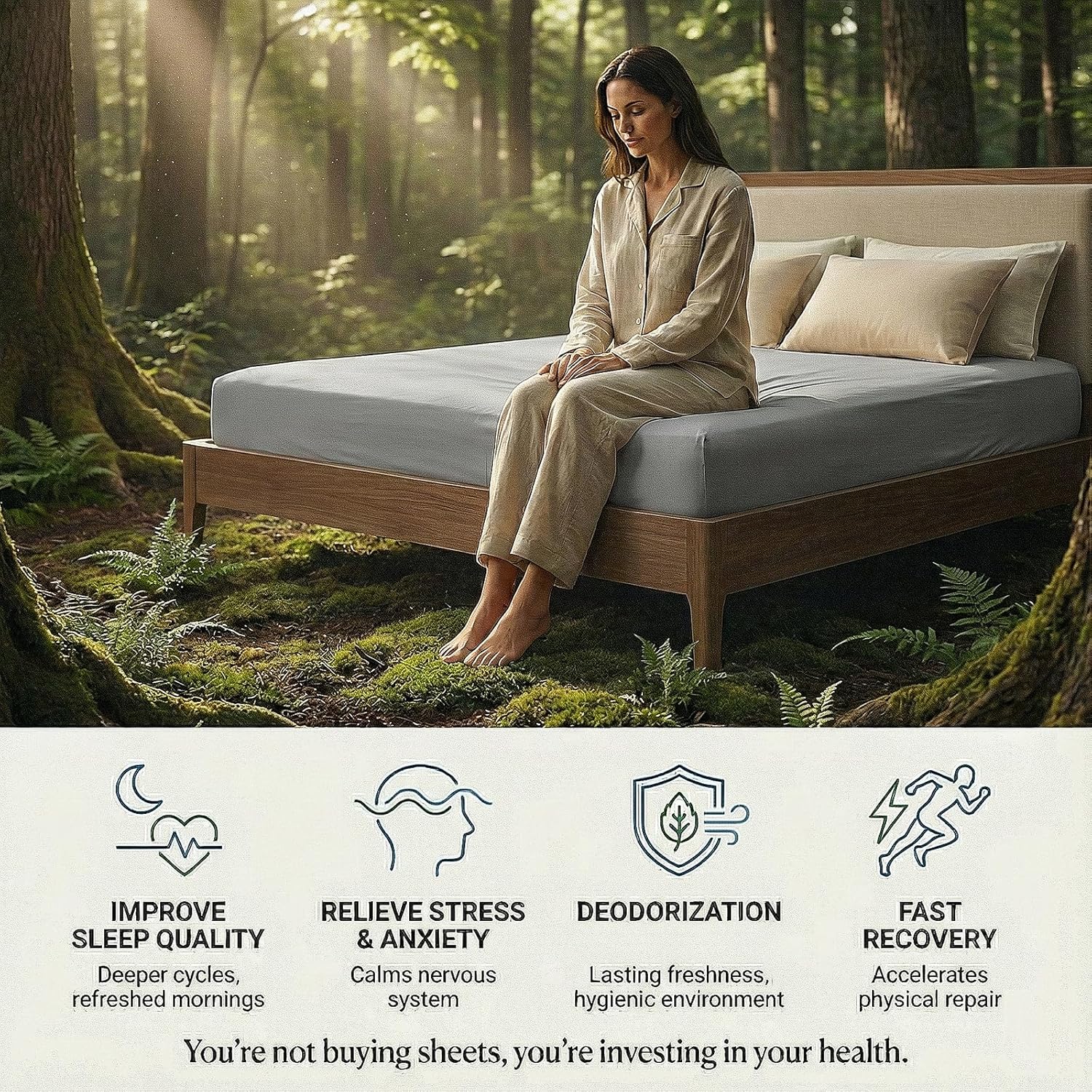 Grounding Sheets with Grounding Mat Set,25% Pure Silver Fiber+75% Organic Cotton,Deep Pocket Grounded Bed Fitted Sheets,40S Anti-Pilling Combed Cotton.