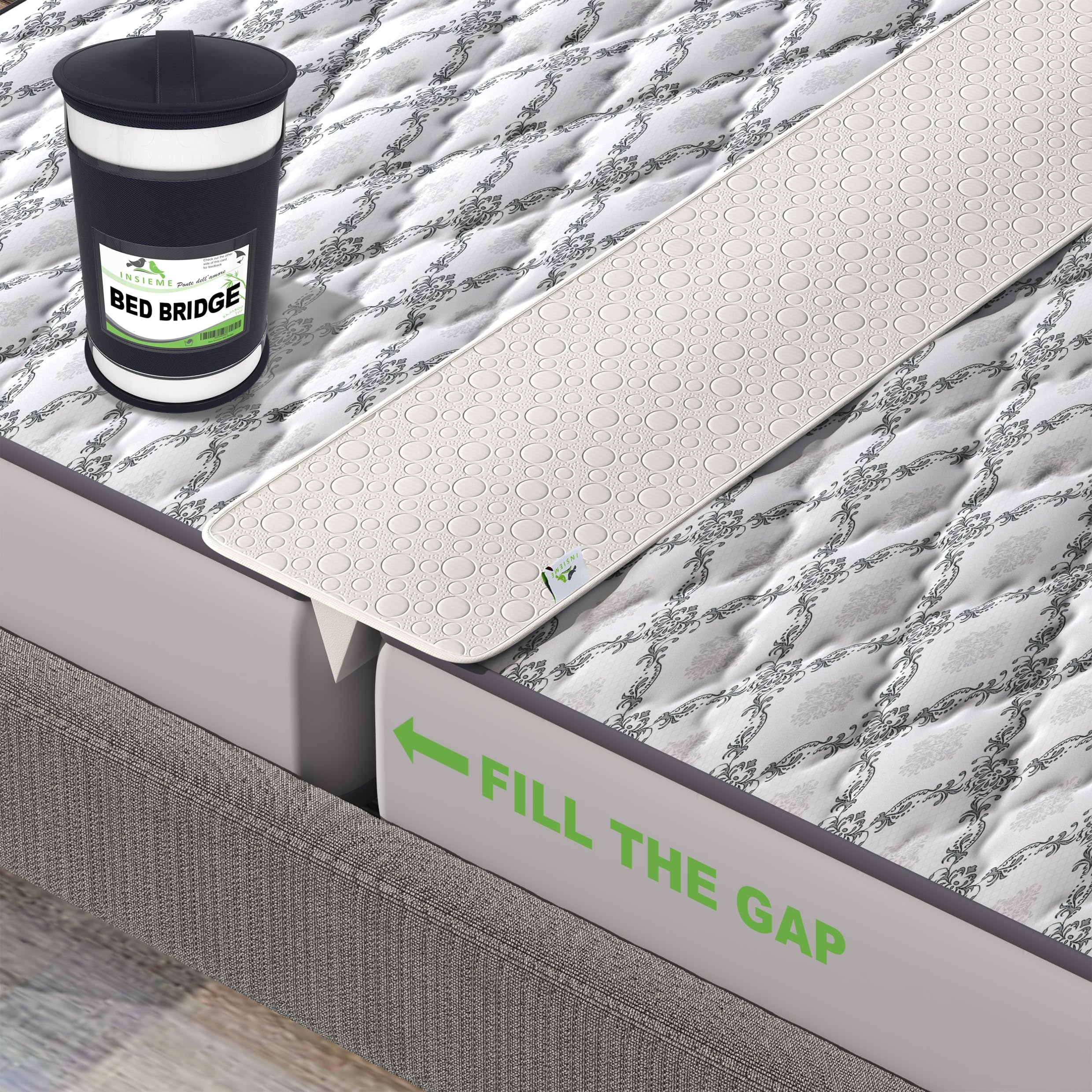 Insieme 12 x77 inch Bed Bridge Twin to King - Split King Gap Filler for Adjustable Bed - Hypoallergenic Fabric - White, Thin and Strapless