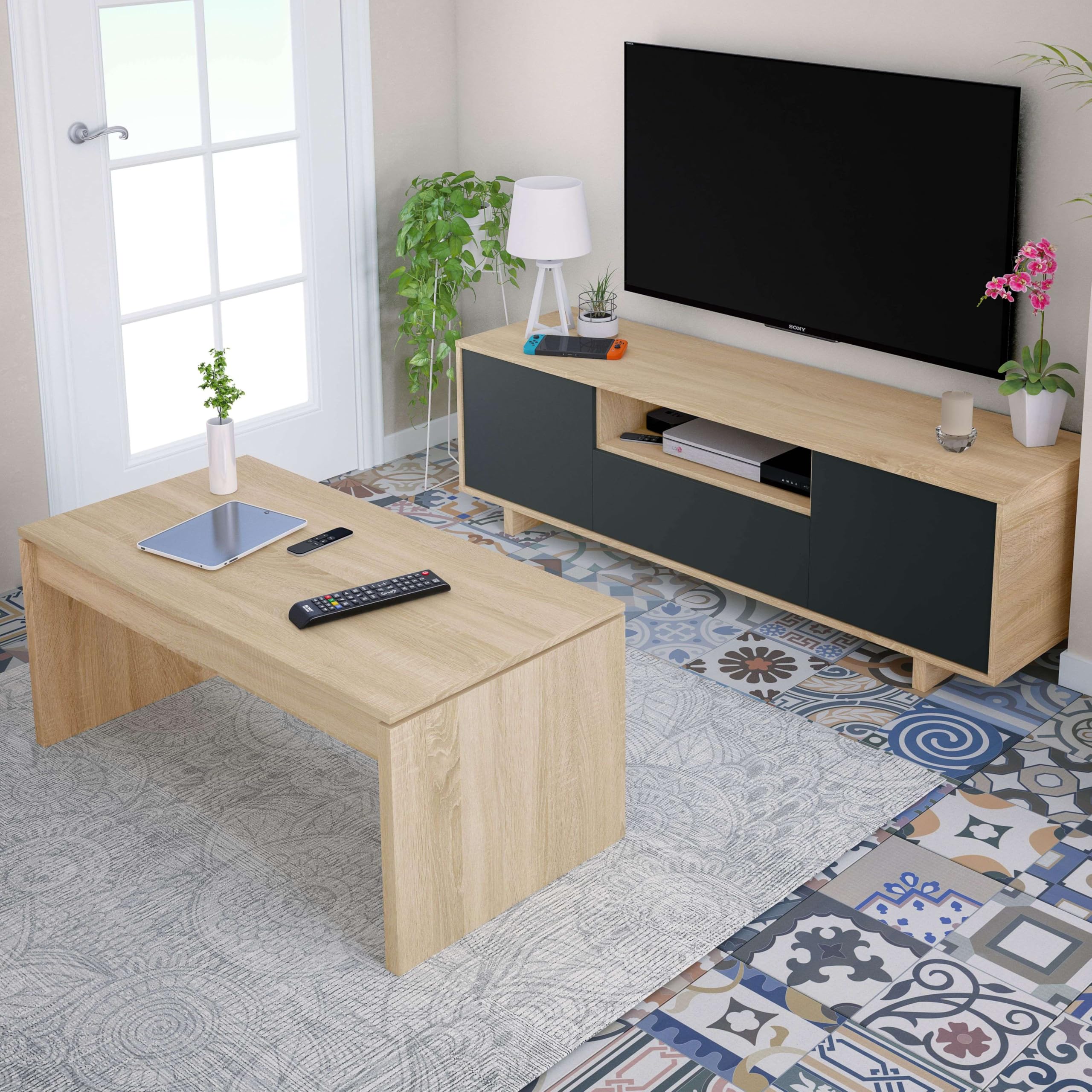 Habitdesign Modèle Zaira Meuble TV, finition chêne canadien et gris anthracite, dimensions : 150 x 46 x 41 cm (l x H x P).