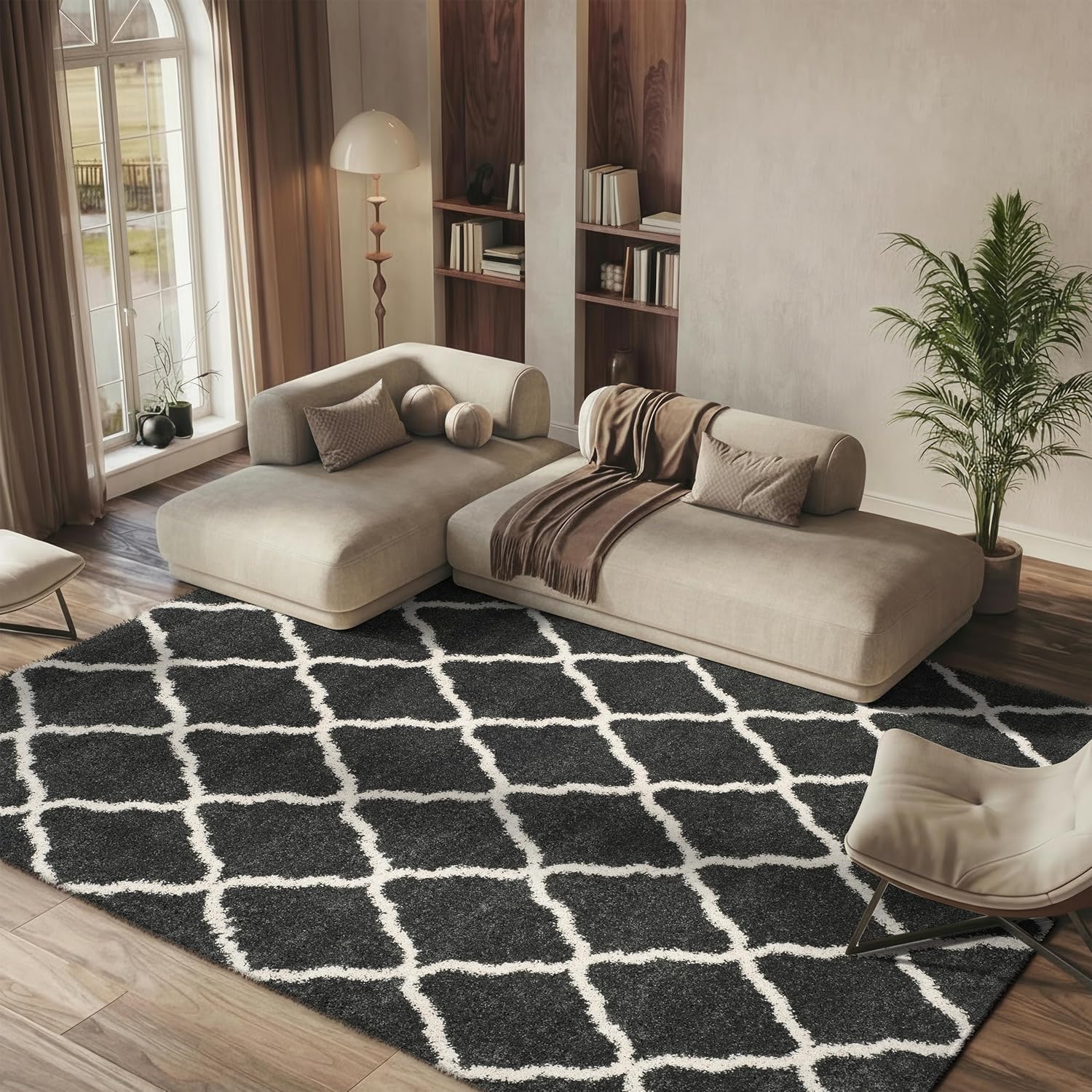 SAFAVIEH Hudson Shag Collection Area Rug - 8' x 10', Dark Grey & Ivory, Moroccan Trellis Design, Non-Shedding & Easy Care, 2-inch Thick Ideal for High Traffic Areas in Living Room, Bedroom (SGH283G)