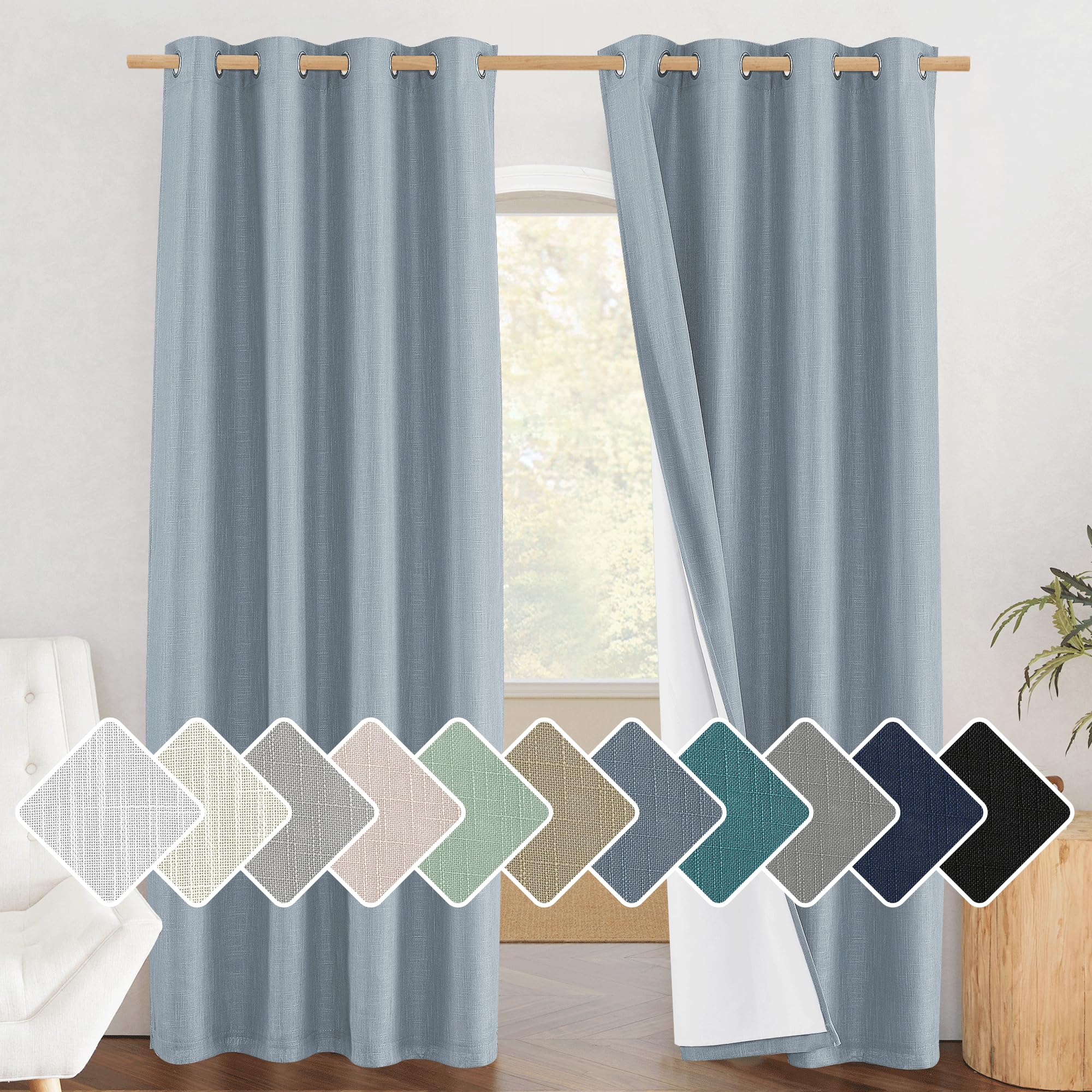 NICETOWN Stone Blue Full Shade Linen Curtain Panels 84 inches Long, Pair of Energy Smart & Noise Blocking Out Blackout Drapes for Guest Room Window, Thermal Insulated Lined Window Dressing