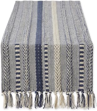 DII Farmhouse Braided Stripe Table Runner Collection, 15x72 15x77, Fringe Included, French Blue