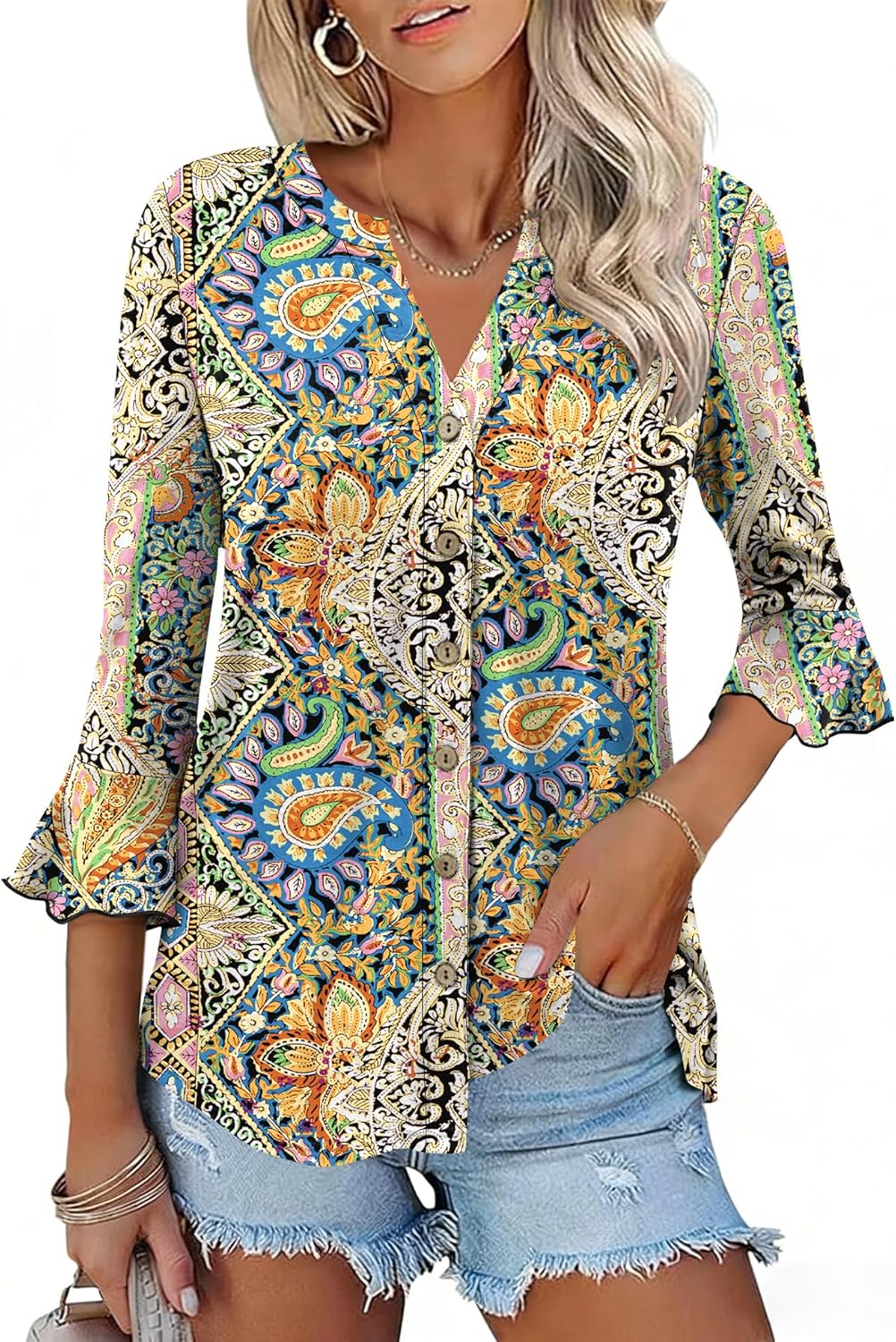 Ivicoer Women's Button Down T Shirts 3/4 Sleeve V-Neck Tops Casual Summer Ladies Tees Ruffle Bell Sleeve Tunic