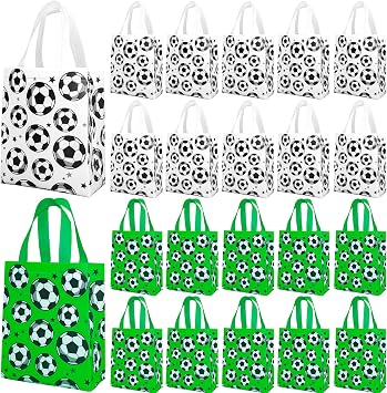 Hitkmi 24 Pcs Soccer Party Favor Bags with Handles Reusable Non-Woven Soccer Gifts Bags Soccer Themed Goodie Candy Treat Bags for Soccer Team Sports Birthday Baby Shower Party Supplies Green & White
