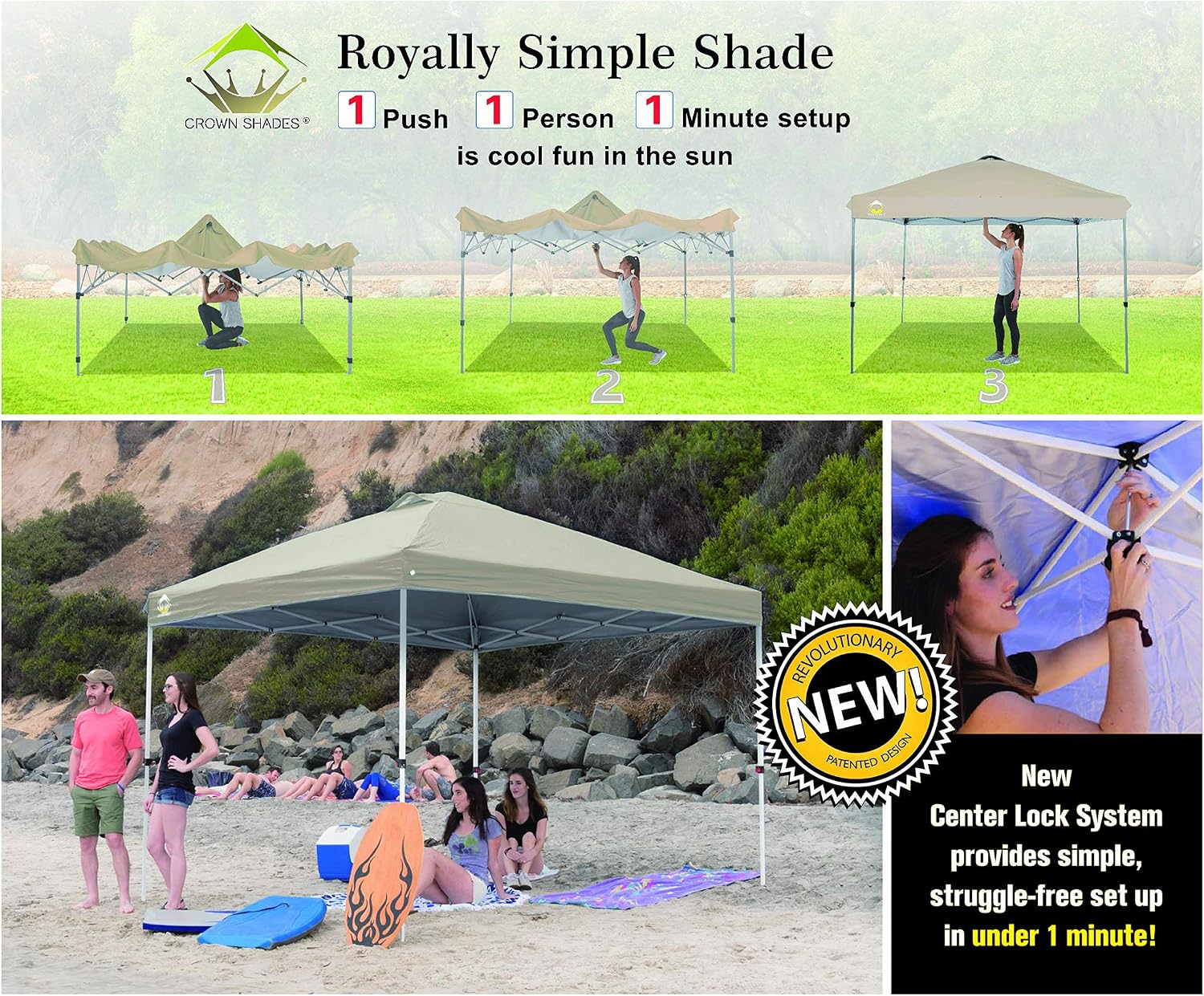 CROWN SHADES 10x10 Pop up Canopy Outside Canopy, Patented One Push Tent Canopy, Upgrade Version with 300D Silver Coated Top, Wheeled Carry Bag, Bonus 8 Stakes and 4 Ropes, Beige