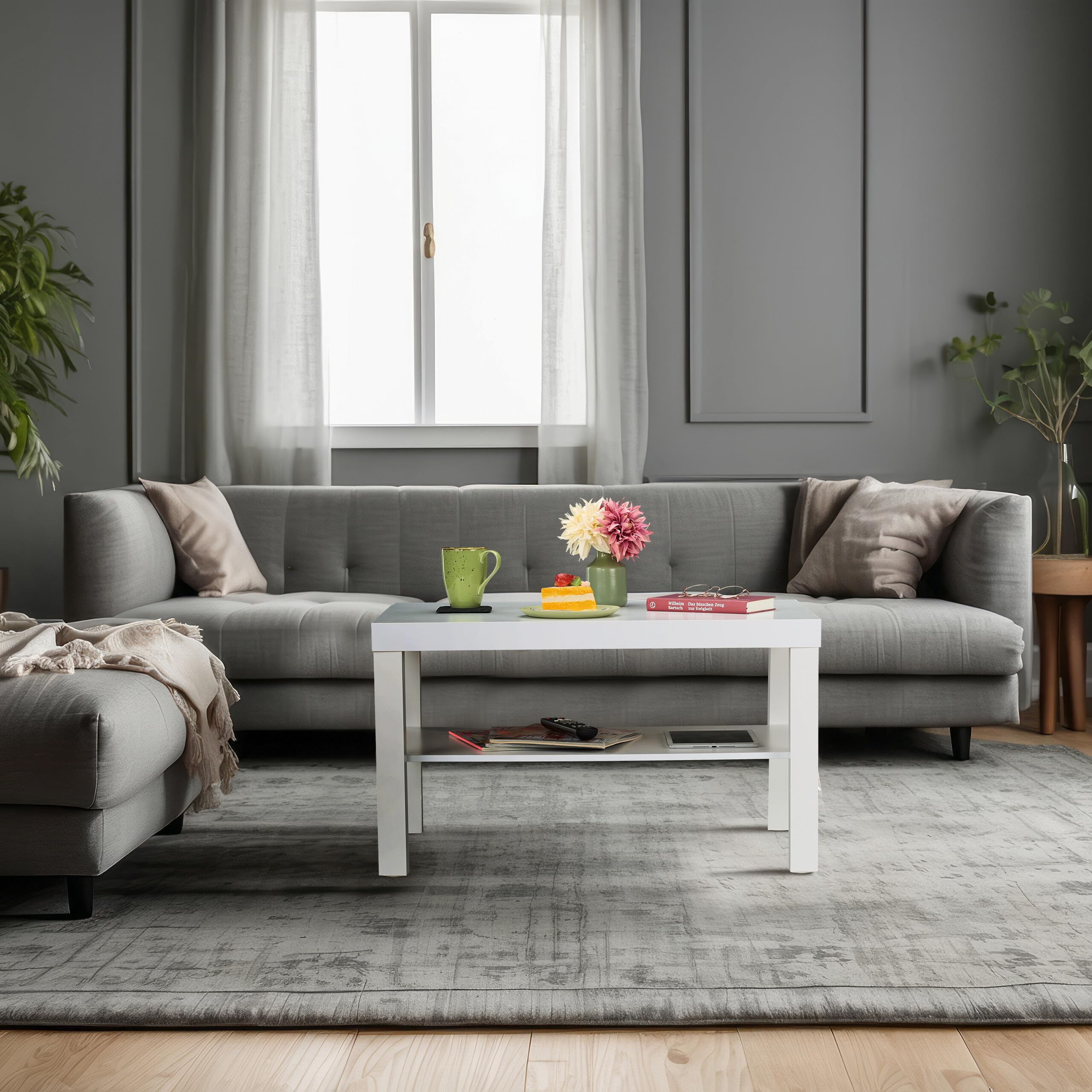 Relaxdays Tavolino da Salotto, Tavolo Basso da Divano Soggiorno, Mobile in MDF Sofà, HLP: 45x79x55 cm, 2 Ripiani, Bianco