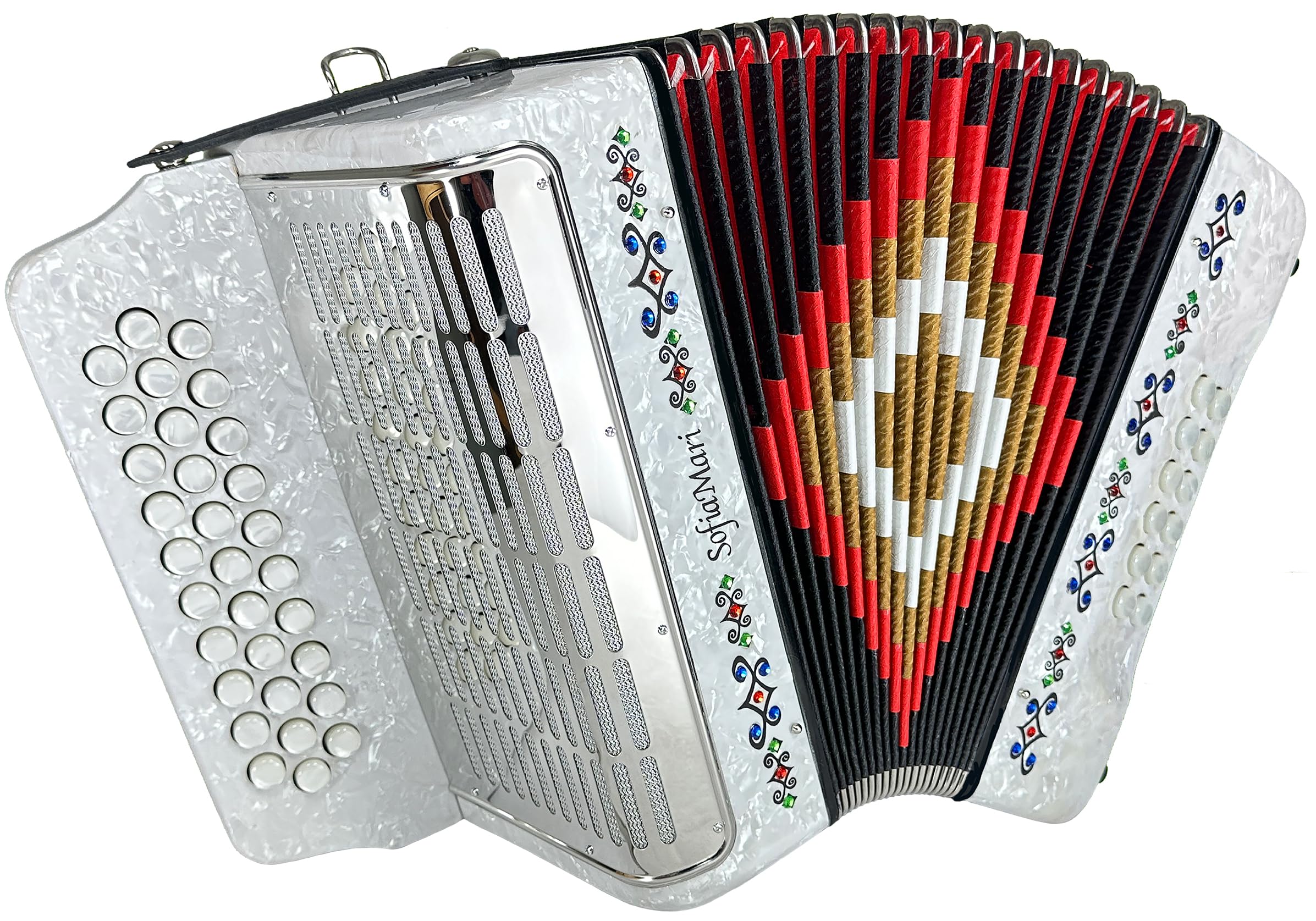 SofiaMari SM3112 Accordion Package: 31 Button, 12 Bass, Diatonic Accordion with Case and Straps (Fa/FBE, White Pearl)